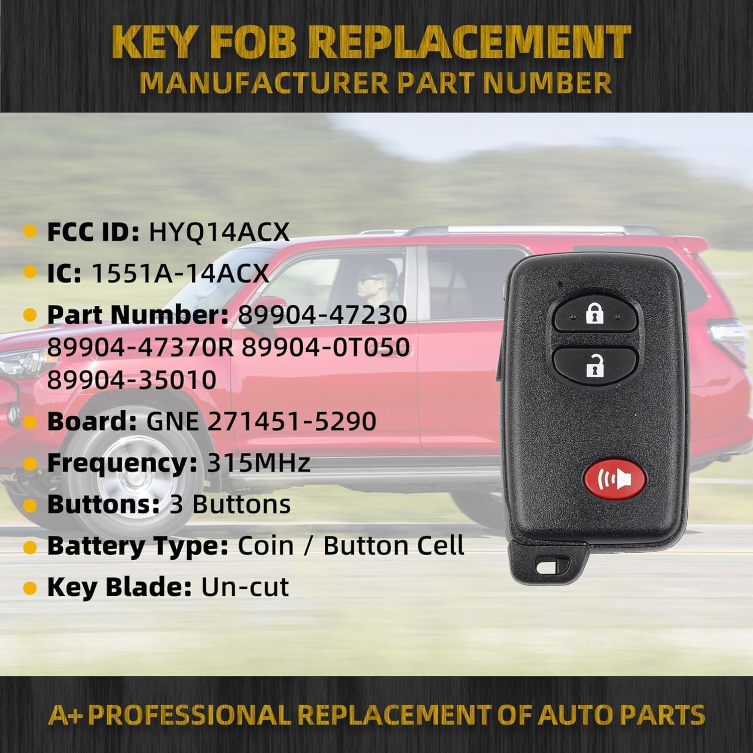 Dasbecan Smart Key Fob Replacement Compatible with Toyota 4Runner 2010-2019 Prius C V Venza Scion TC Keyless Entry Remote Control Replaces HYQ14ACX 89904-47230 271451-5290 315MHz 3 Buttons