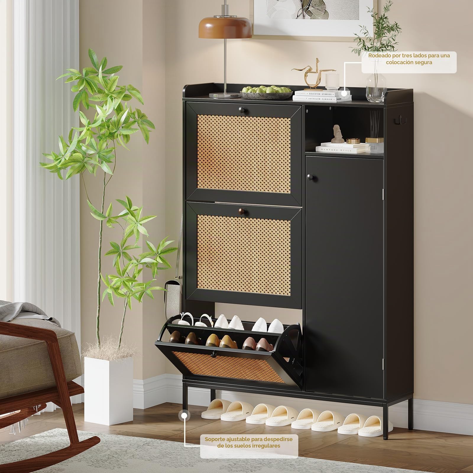 Mueble Zapatero de Ratán de 3 Niveles con Puerta Basculante, 3 Cajones Abatibles, Estantes Ajustables y Compartimentos Abiertos, Zapatero Entrada Recibidor Estrecho con Una Valla en la Parte Superior