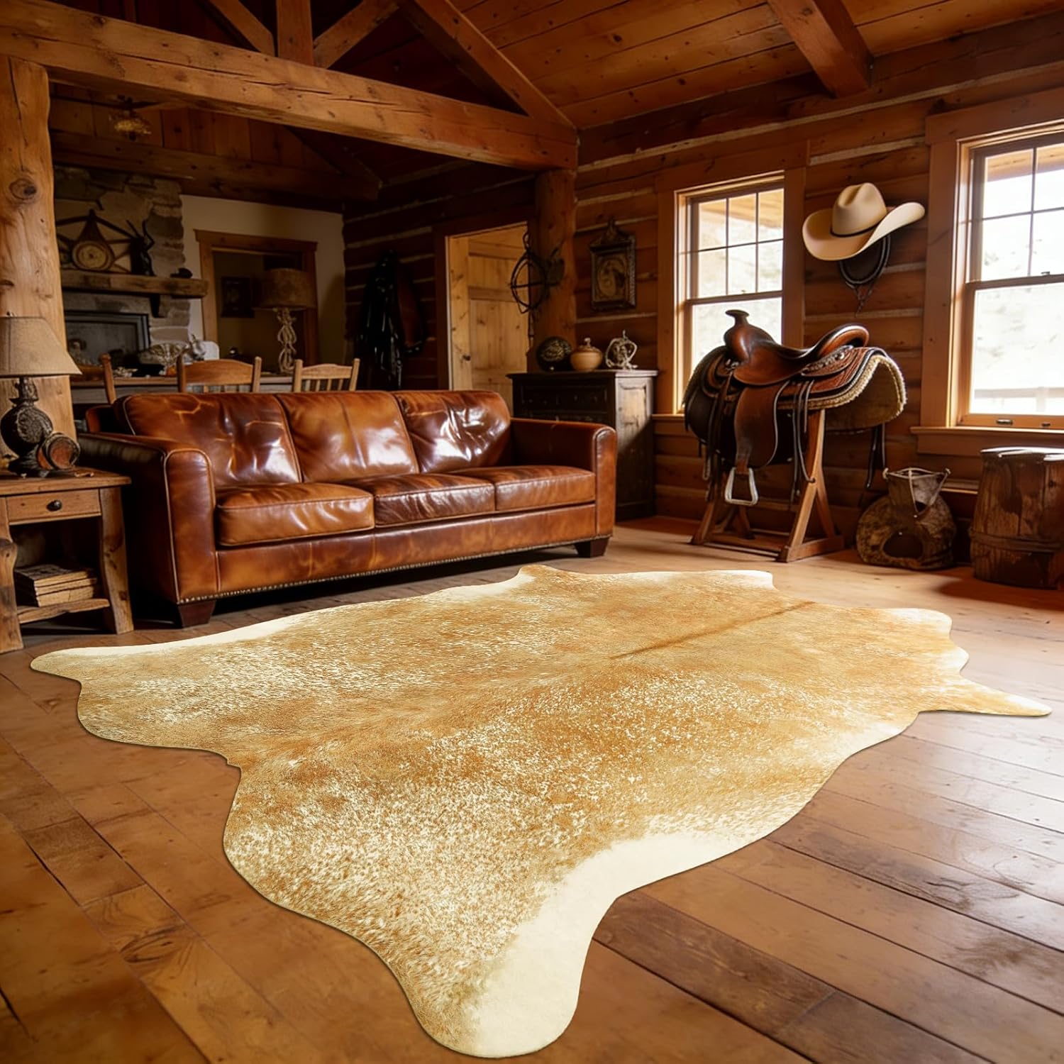 Cowhide Rug for Living Room, Washable Cow Hide Rug, Large Faux Animal Skin Rugs, Non-Slip Cow Print Area Rugs, 8x10Ft Large Cowhide Rugs for Bedroom Office Kitchen Fireplace, Khaki