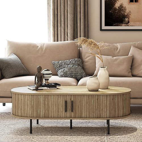 LuxenHome Coffee Table with Storage, Wood Coffee Table with Slatted Sliding Door, 47" Mid Century Modern Coffee Tables for Living Room, Boho Storage Coffee Table, Oval Coffee Table, Center Table