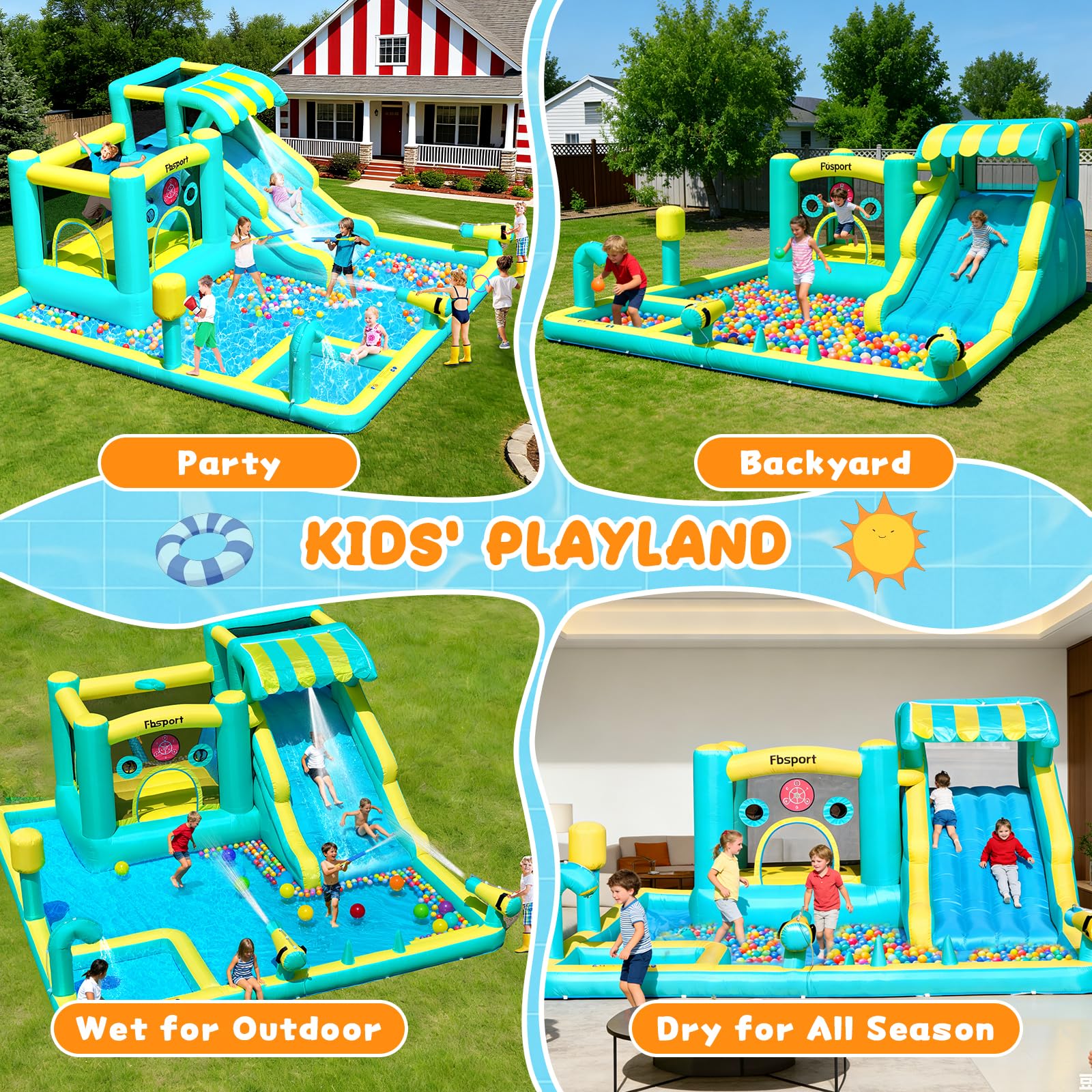 FBSPORT Castello Gonfiabile 10-in-1, Scivolo d'Acqua Castello Gonfiabile con Soffiatore 480W, da Giardino per Bambini con Piscina di Schizzo, Utilizzo Interno ed Esterno