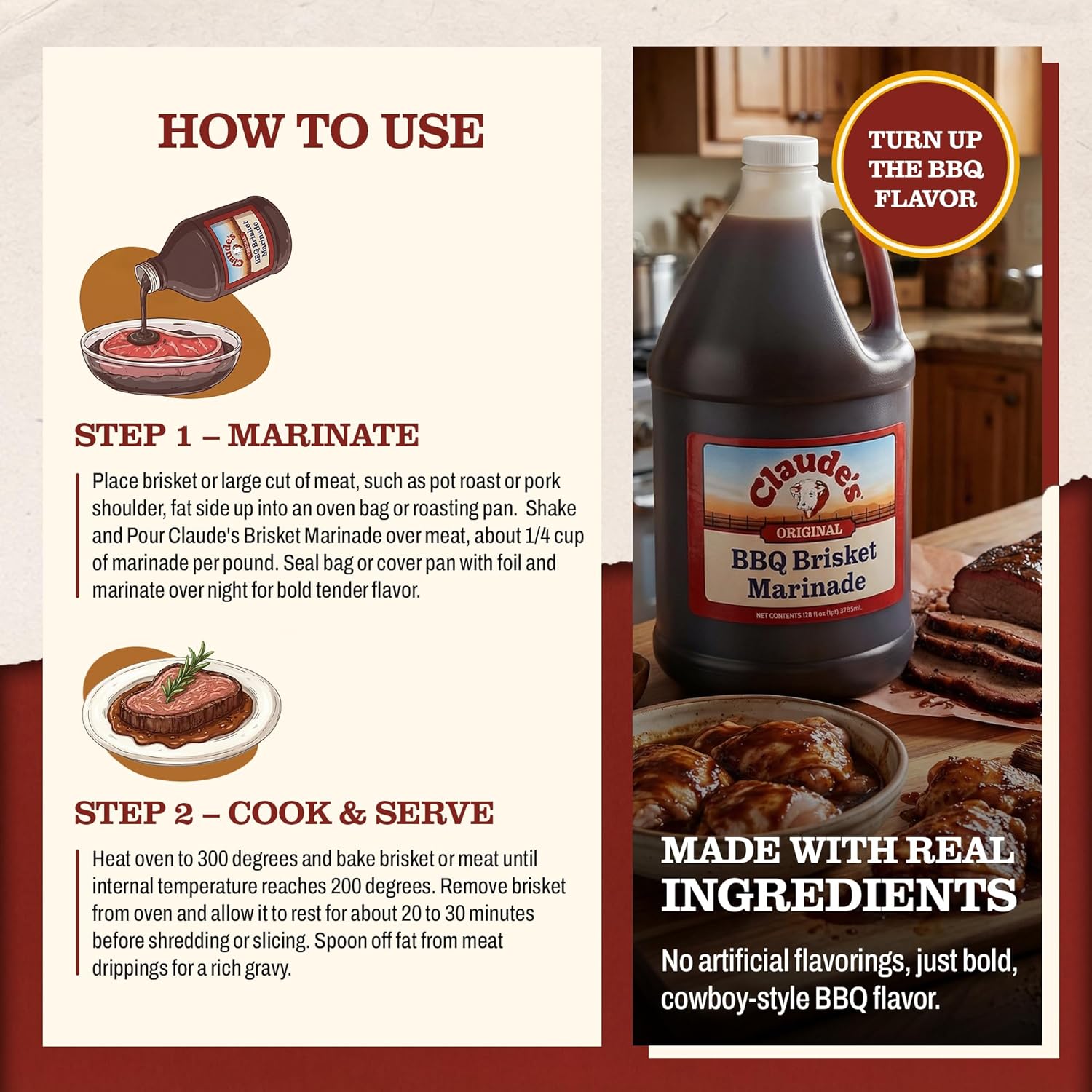 Claude's Authentic BBQ Brisket Marinade Sauce – Smoky Texas Tenderizing, Mouthwatering Barbecue Sauces for Meat, Brisket & More - All-Natural Gluten-Free BBQ Marinade (128 oz, 1 Pack)