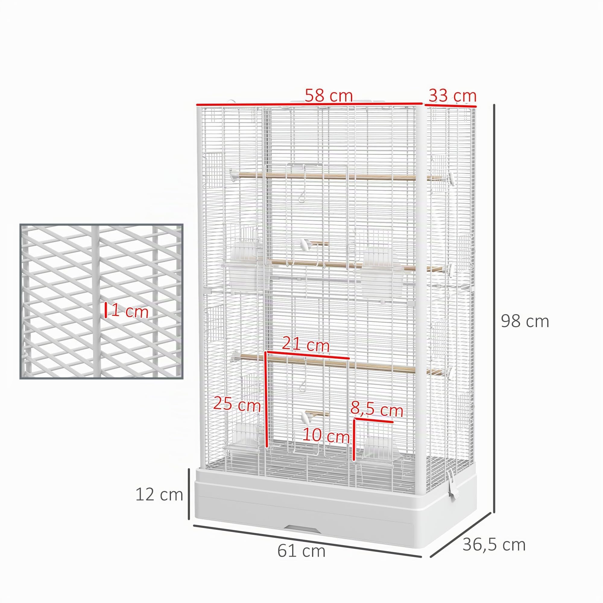 PawHut Vogelkäfig, Voliere mit Türen, Sitzstangen - Käfig für Kanarienvögel, Wellensittiche, Papageien - 61 x 36,5 x 98 cm - Weiß