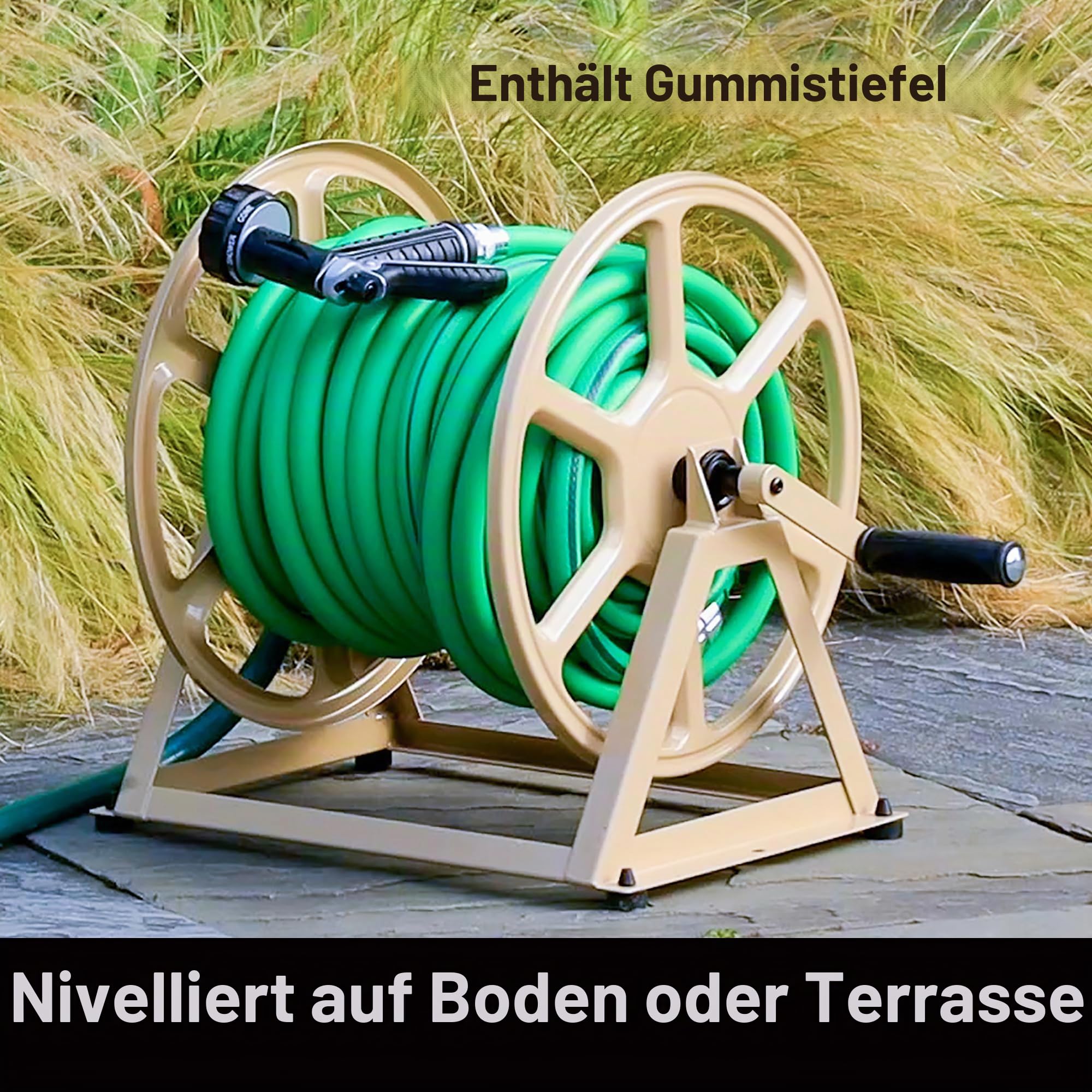 Liberty Garden 709 Stahl-Schlauchtrommel zur Wand- oder Bodenmontage, fasst 61 Meter Schlauch mit 16 mm Durchmesser, Hellbraun, 44,7 x 55,9 x 38,11 cm
