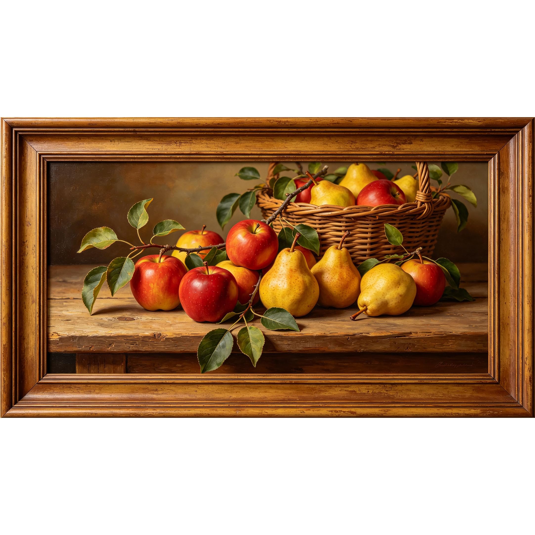 QZLITHOTIC 50x90cm3D Framed Wall Art， Vintage Still Life Apples Pears Basket Self‑Adhesive Mural， Water‑Activated Peel & Stick Fabric Decor Wall Decal for Bedroom Living Room