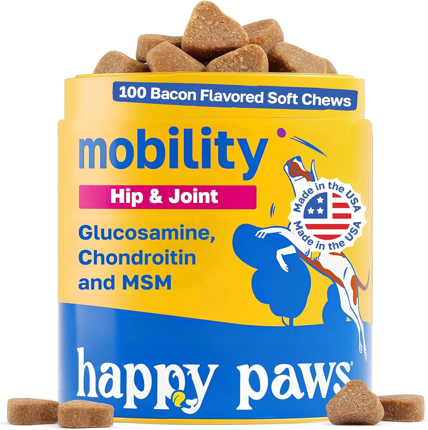 Happy Paws Hip and Joint Supplement for Dogs, Glucosamine Chondroitin for Dogs of All Breeds, Joint Support Soft Chews with Hyaluronic Acid & Turmeric, Vegan Bacon Flavor, Non GMO, 100 Soft Chews