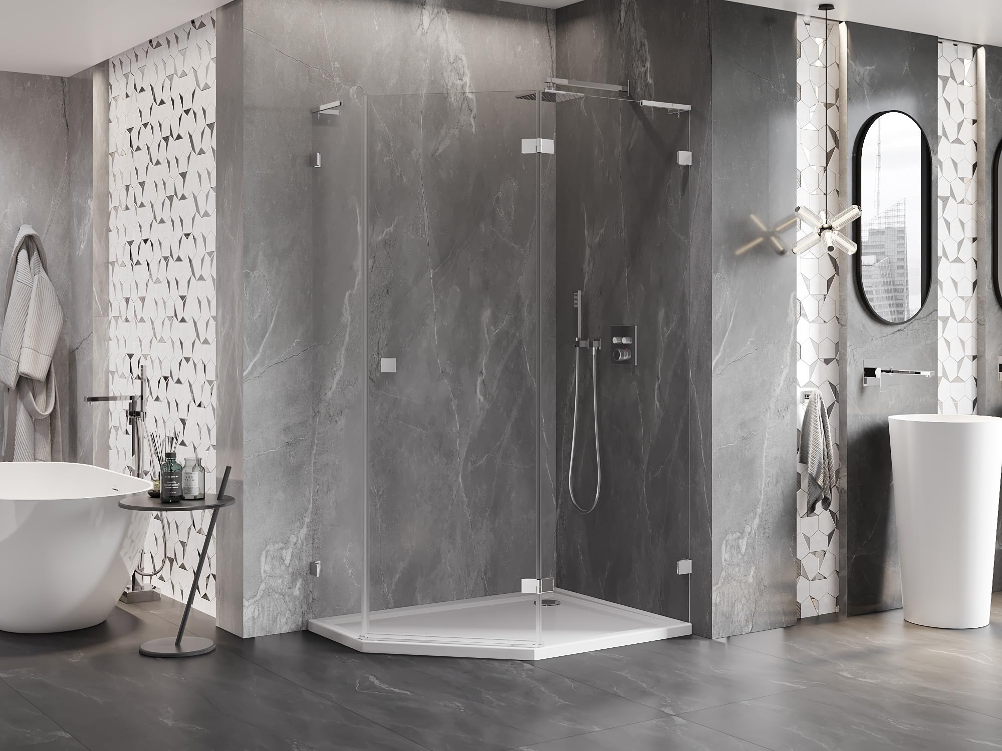 Mexen Lunar L Box Doccia Cinquagonale Angolare Destra 100x90 Trasparente Cromo