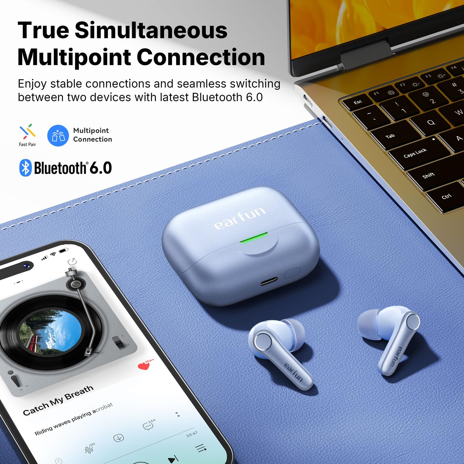 EarFun Air Pro 4+ słuchawki Bluetooth z redukcją szumów, hybrydowy system sterowników, Hi-Res Audio, aptX Lossless, LDAC, 6 Mik. AI połączeń, akumulator 54 godziny, multipoint, rozpoznawanie noszenia