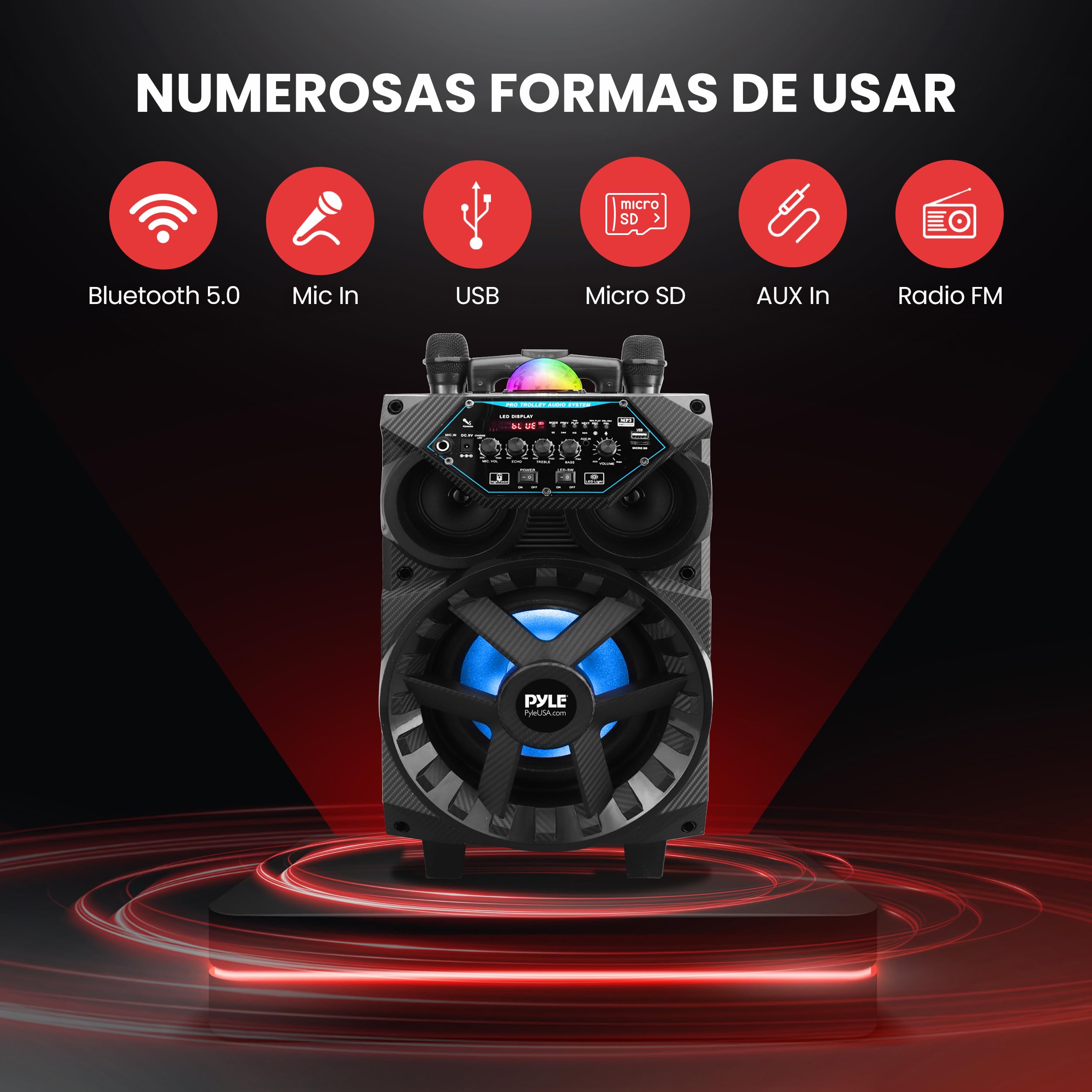Pyle Altavoz Bluetooth, Potente, 580W, Inalambrico, Luces, Karaoke, Portatil, Microfono, USB, AUX, MP3, SD, FM, Trolley con Ruedas