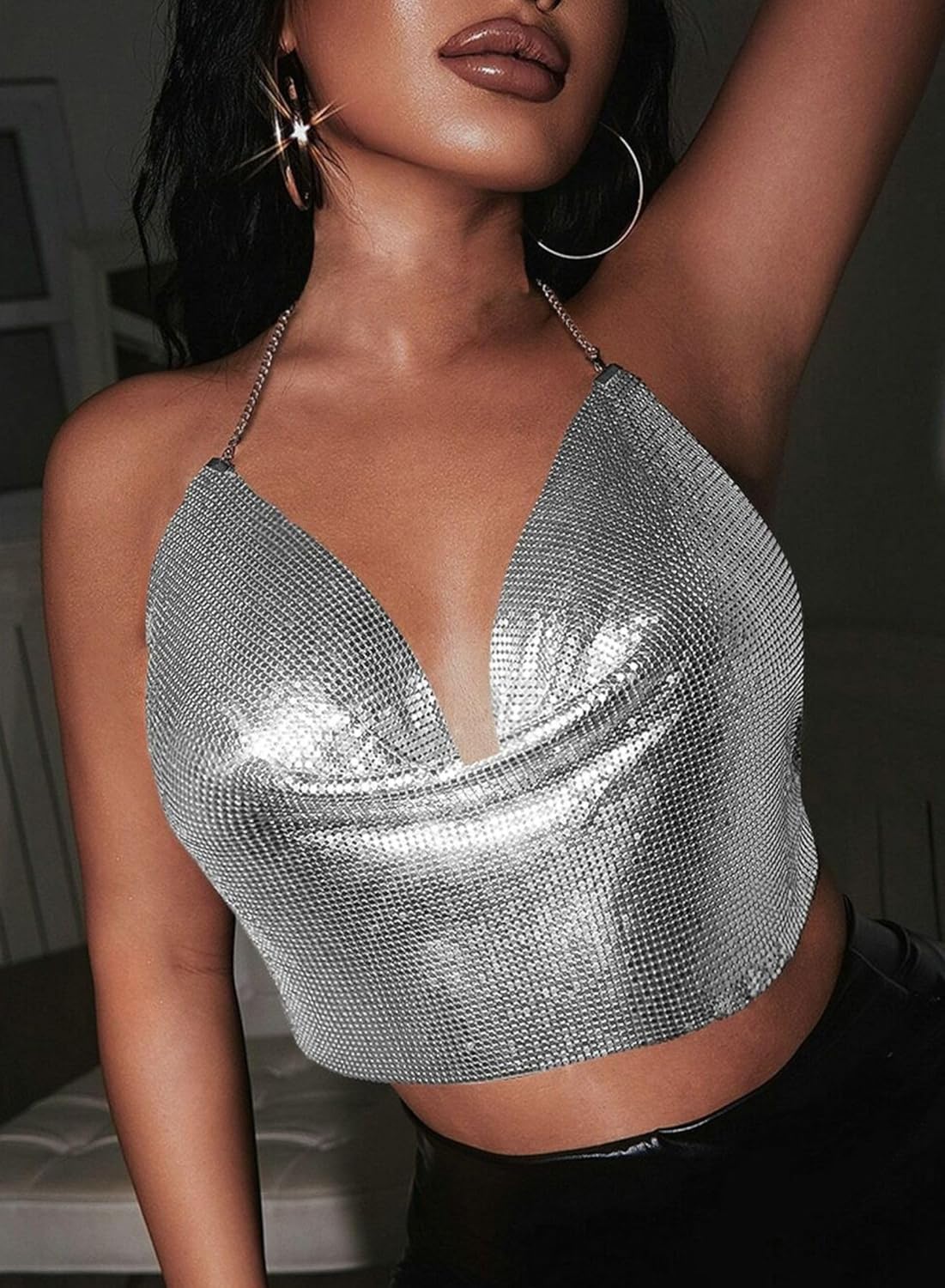 Womens Sexy Sparkly Chain Top - Metallic Sequin Rhinestone Halter Backless Crop Outfit EDM Party Club Tank Shirt - Image 3