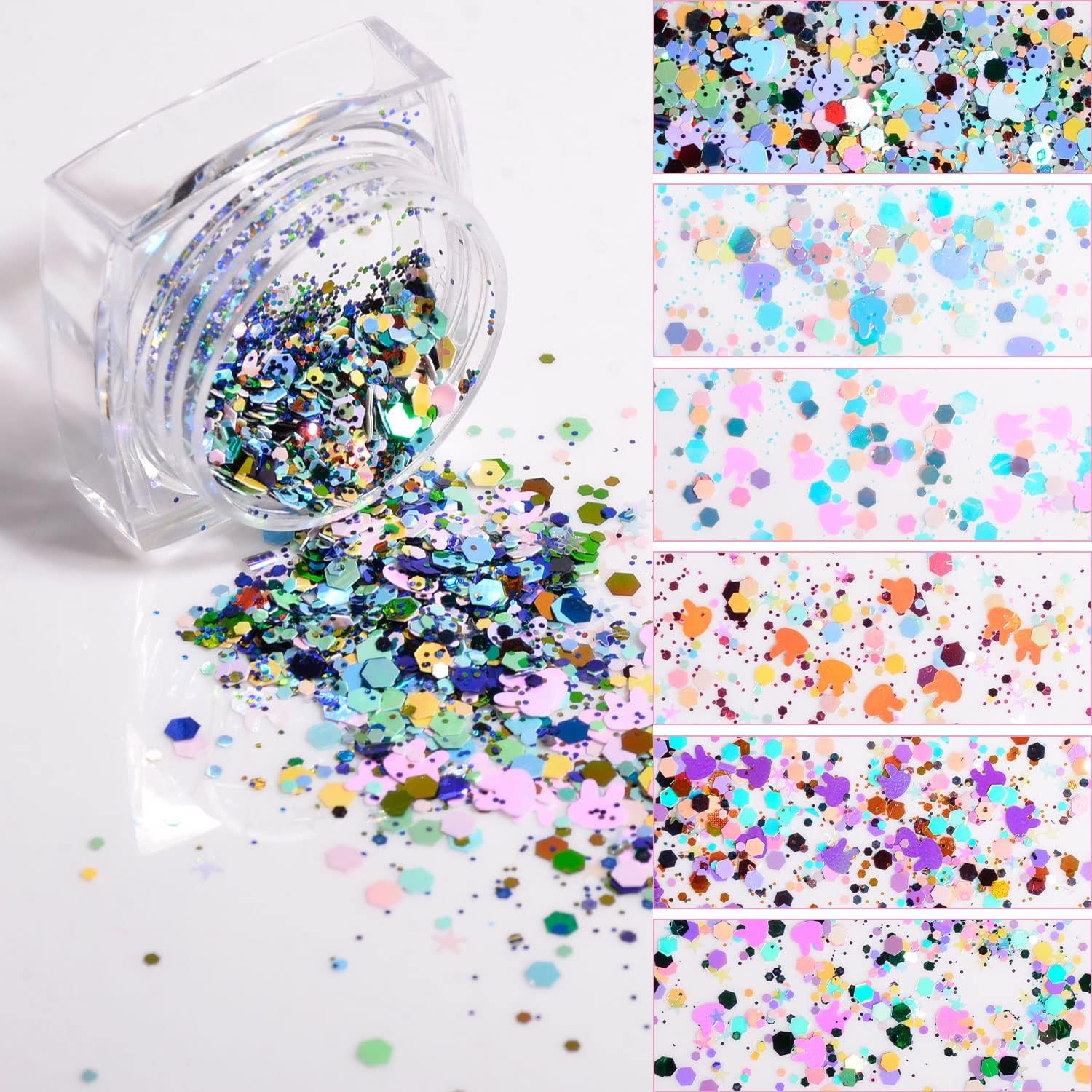 Holographic Nail Glitter 6 Boxes Colorful Bunny Mixed Shaped Nail Art Sequins Sparking Chunky Glitter Spring Summer Design for Easter Naill Art Manicure Tips Decoration
