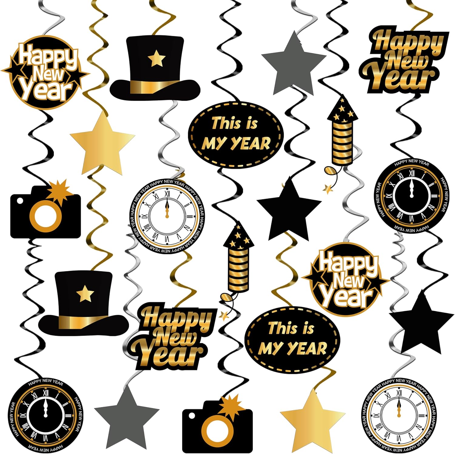 KatchOn, Happy New Year Hanging Swirls - Pack of 30 | Happy New Year Banner 2025 - New Year Backdrop, 72x44 Inch | Happy New Year Decorations 2025 | New Years Eve Party Supplies 2025, NYE Decorations