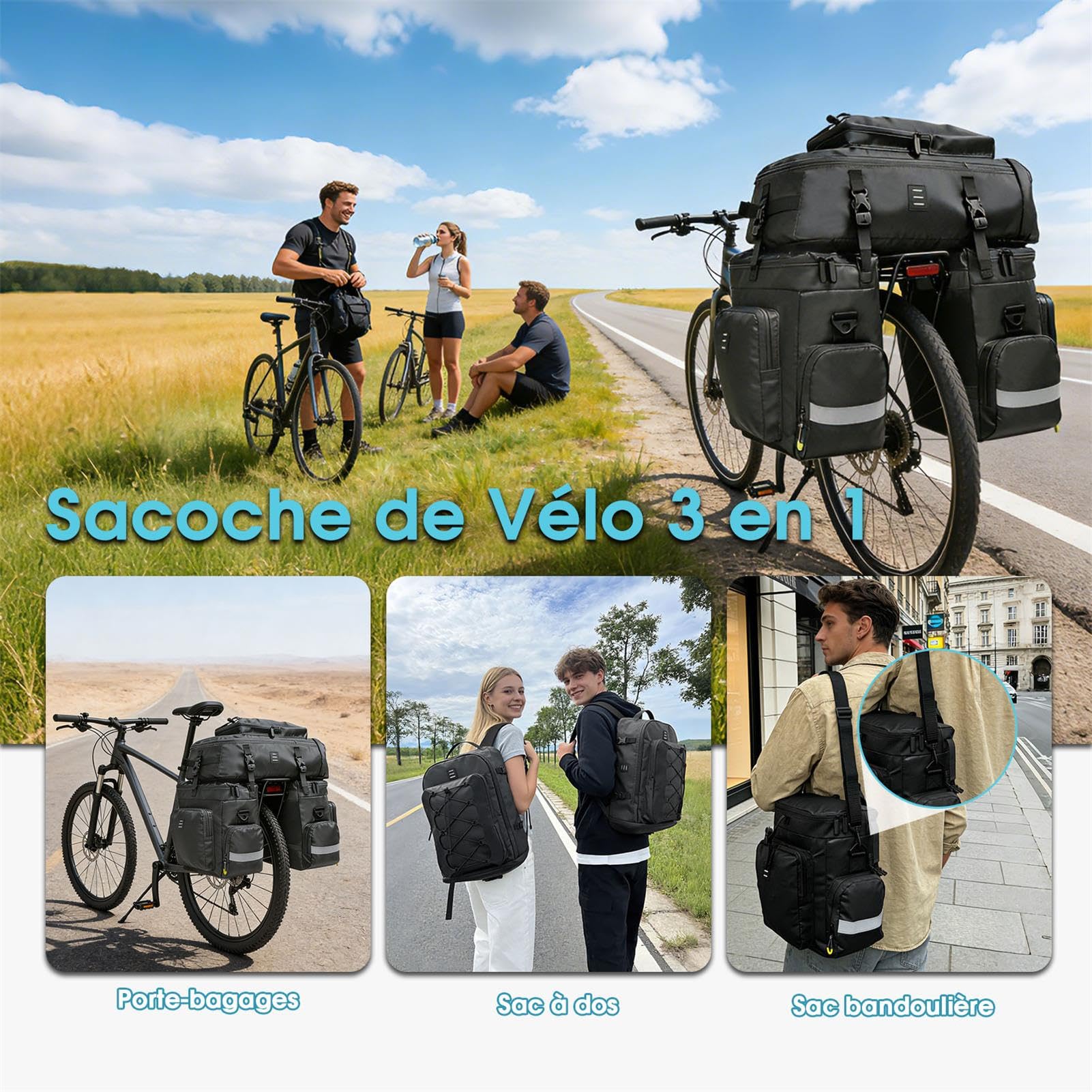 Sacoche Velo Porte Bagage Arriere, Sacoche Vélo 3 en 1 Multifonctionnel Étanche Grande Capacité Sac Velo avec Housse Imperméable, Sac à Dos pour VTT/Outdoor Voyage/Sport