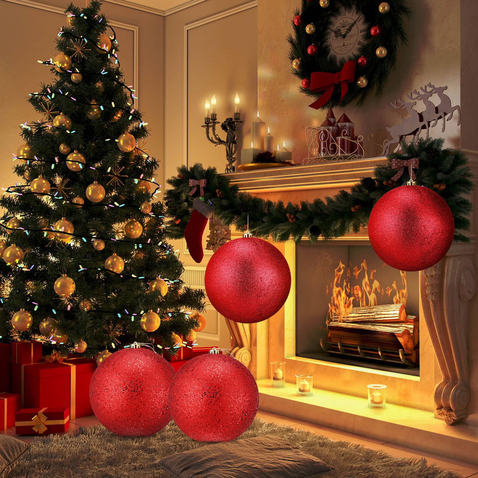 Zubebe 4 adornos de bola de Navidad extra grandes con purpurina de 200 mm, bola de Navidad gigante de plástico de gran tamaño, adornos colgantes para árbol de Navidad para decoración de fiestas al