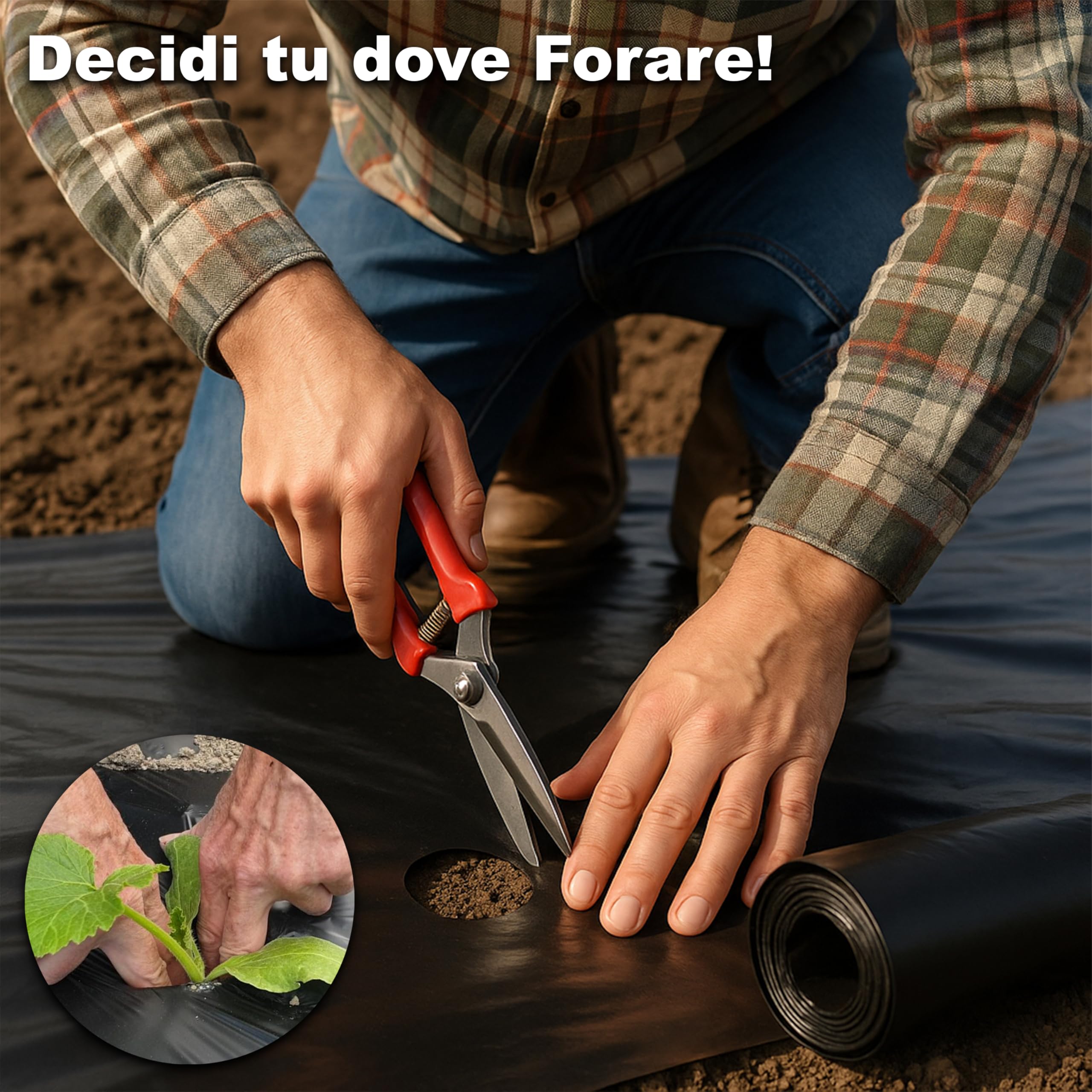 Maka Telo Nero Pacciamatura Orto Anti Erbacce Forato o Senza Fori Giardino Pacciamante Anti-UV Impermeabile all'Acqua Polietilene Spessore Film 5 Micron Cartone (0.9x50 Metri, Forato 40 cm)