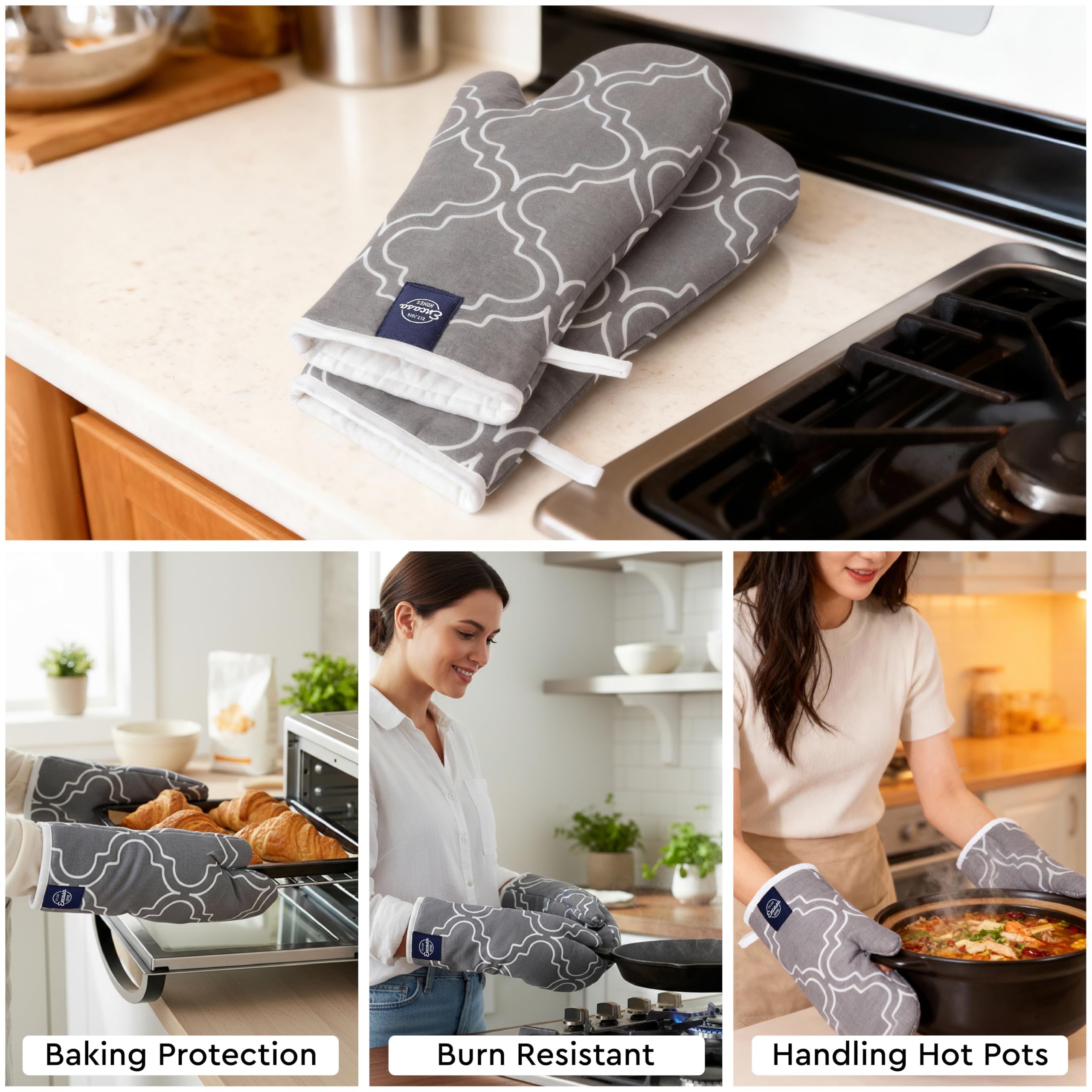 Encasa XO Guantes extralargos de 18 x 30 cm para microondas (2 unidades) para cocina - Gris enrejado - Resistente al calor, gruesos y seguros, protección de manos contra utensilios calientes, llama de