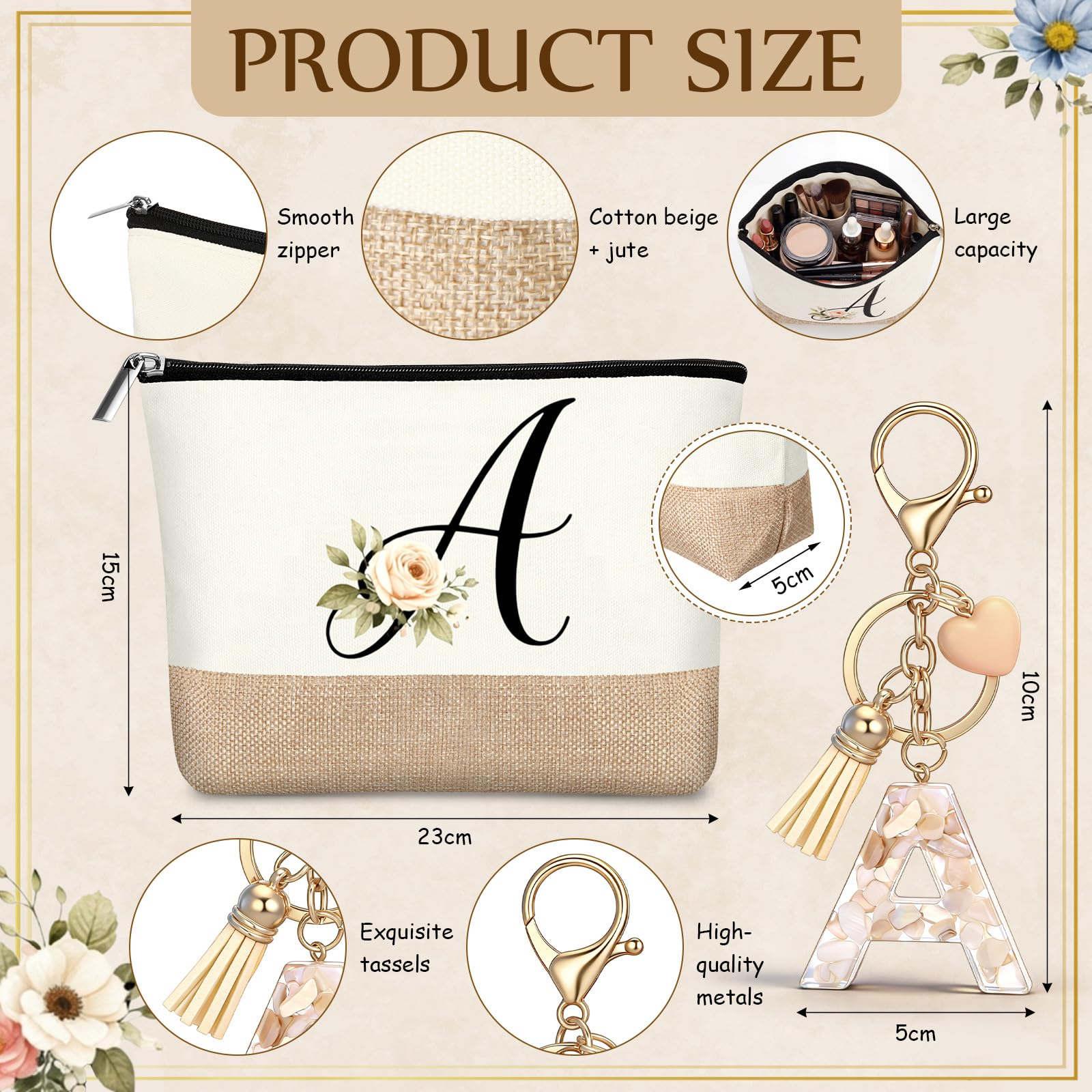 Hestya Neceser Personalizado con Letras Iniciales de Yute Bolsa de Cosméticos de Viaje con Llavero para Mujer Boda Cumpleaños Playa Hermana Mamá Maestra Enfermera Dama de Honor(A) — view 3