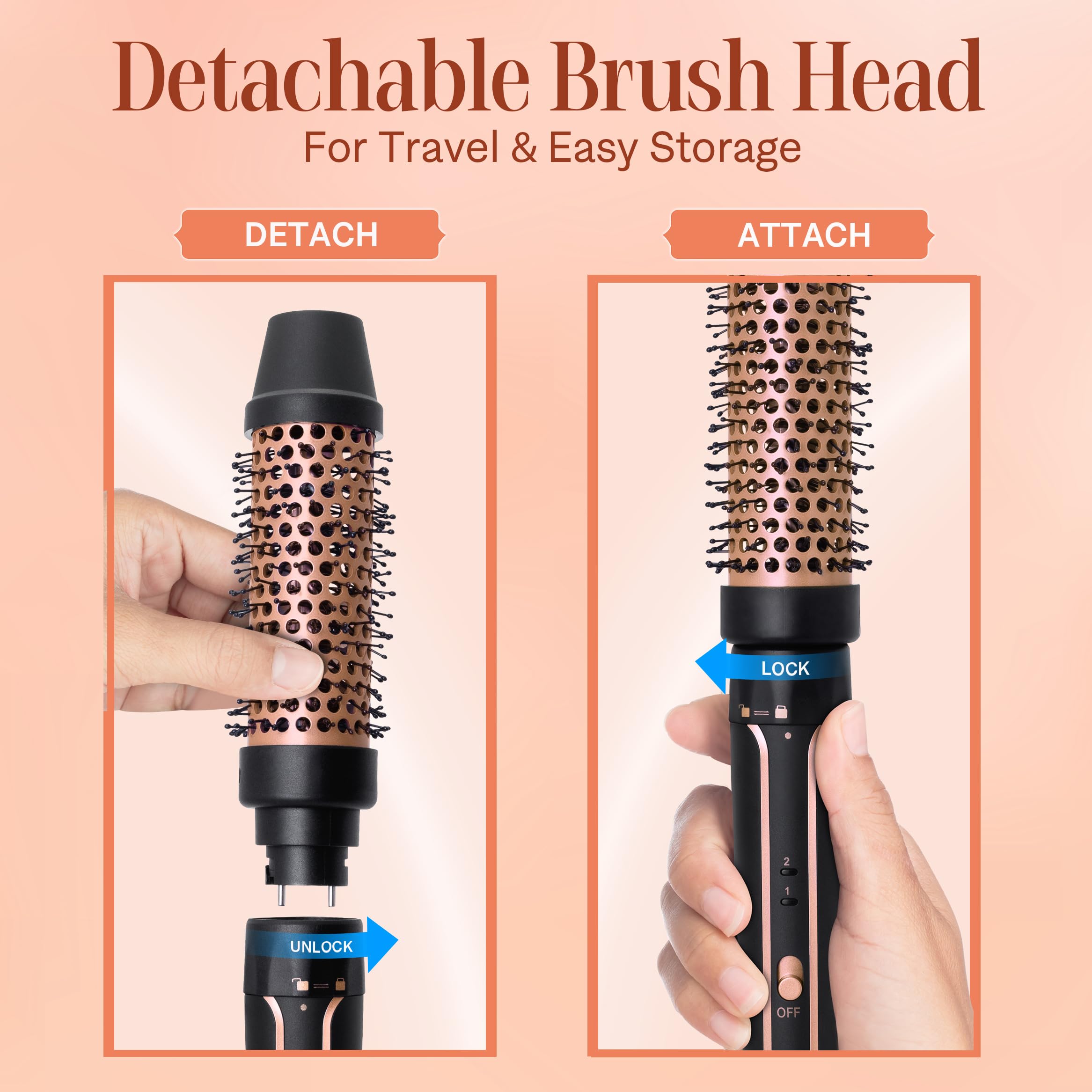 Asani Cepillo térmico redondo térmico de 1.5 pulgadas con cabezal de cepillo desmontable para rizos medianos, ondas sueltas y volumen, doble voltaje apto para viajes (120-240 V), cepillo alisador para
