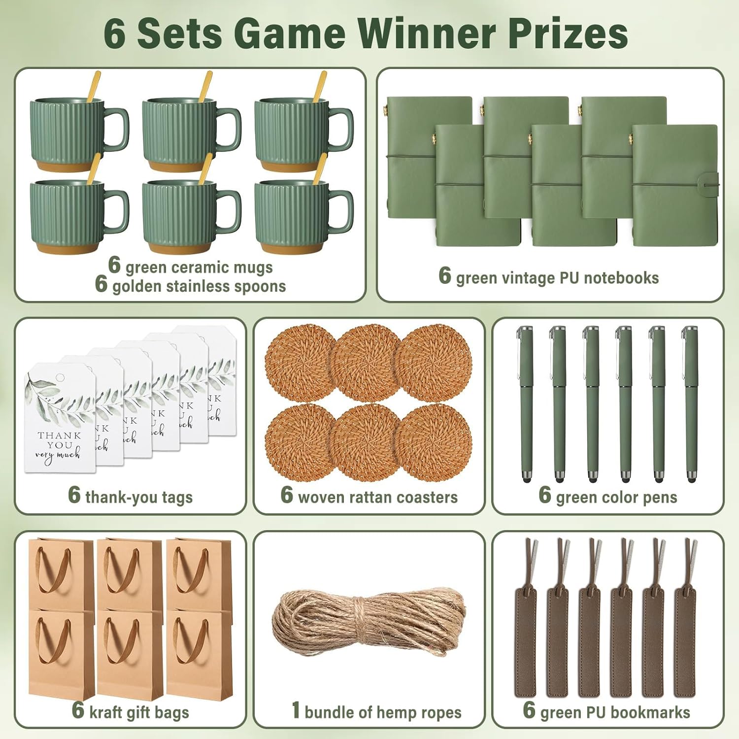 6 Sets Kraft Baby Shower Prizes for Game Winners Party Favor Gifts for Guests Ceramic Mugs Spoons Woven Coasters PU Notebooks Bookmarks Pens Kraft Bags and Tags Set Wedding Bridal Shower Favors(Green)