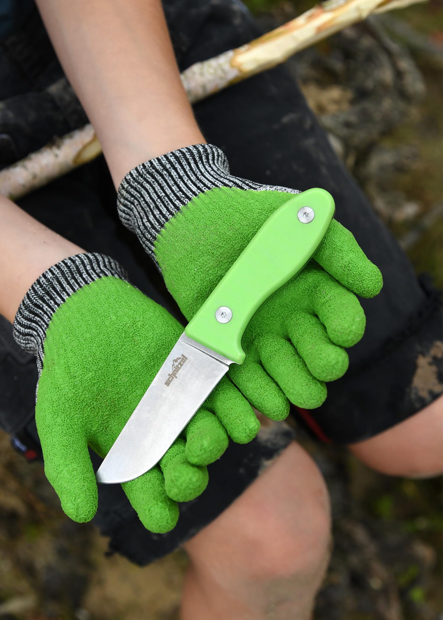 SCHNITZEL UNU, Kindermesser Schnitzmesser und Outdoormesser für Kinder, scharf mit Kydex Scheide und Gürtelhalterung, Grün