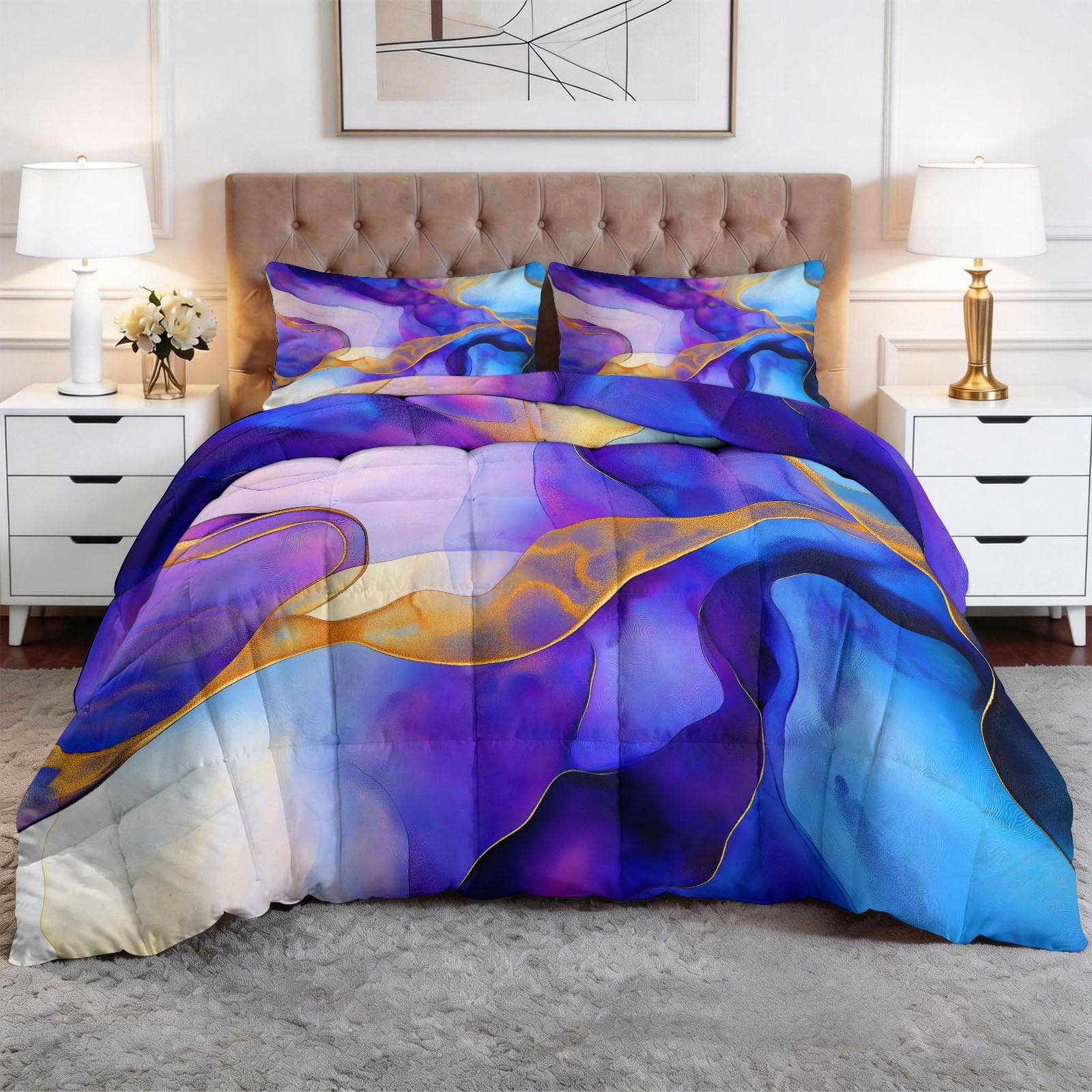 Generisch Luksusowa kołdra z motywem fali marmuru, 200 x 200 cm, na 4 pory roku, sztuka abstrakcyjna, kołdra całoroczna bez poszewki, nadaje się do prania, kołdra do spania z poszewką na poduszkę