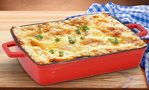 Miniatura 5 de Bandeja para hornear de hierro fundido esmaltado de 13 pulgadas, bandeja rectangular para lasaña, bandeja grande para asar color rojo