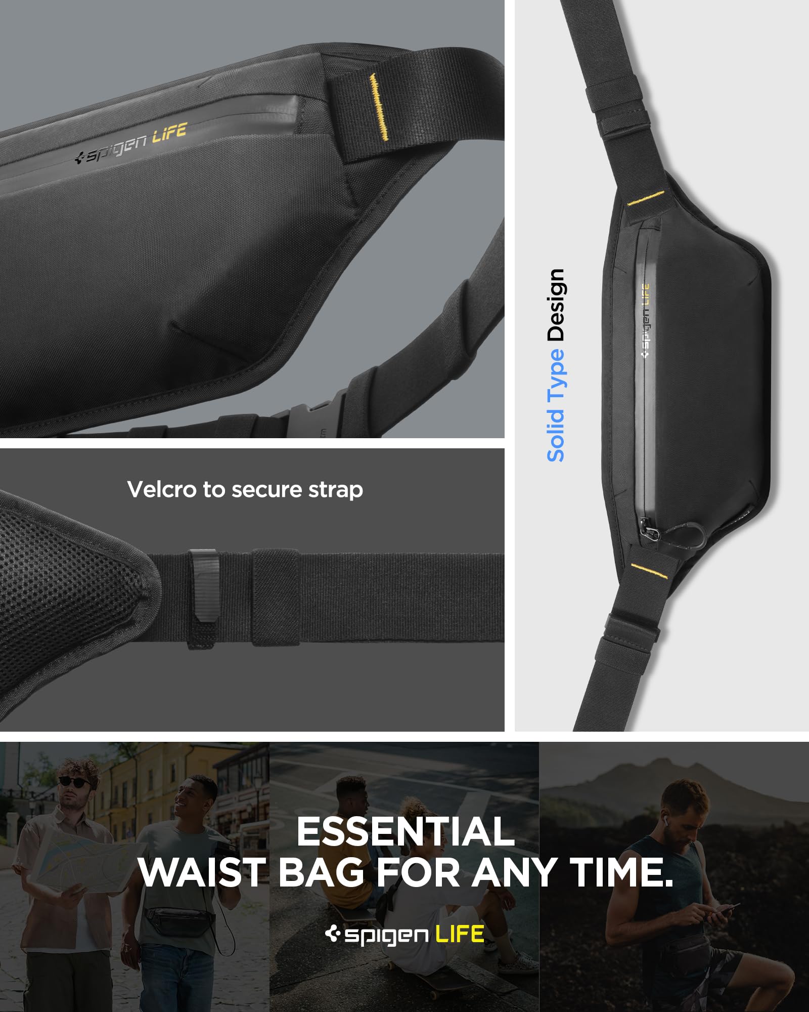 Spigen Life Klasden Sac Banane pour Femmes et Hommes, Centure de Voyage pour Les activités de Plein air et Le Sport - Noir