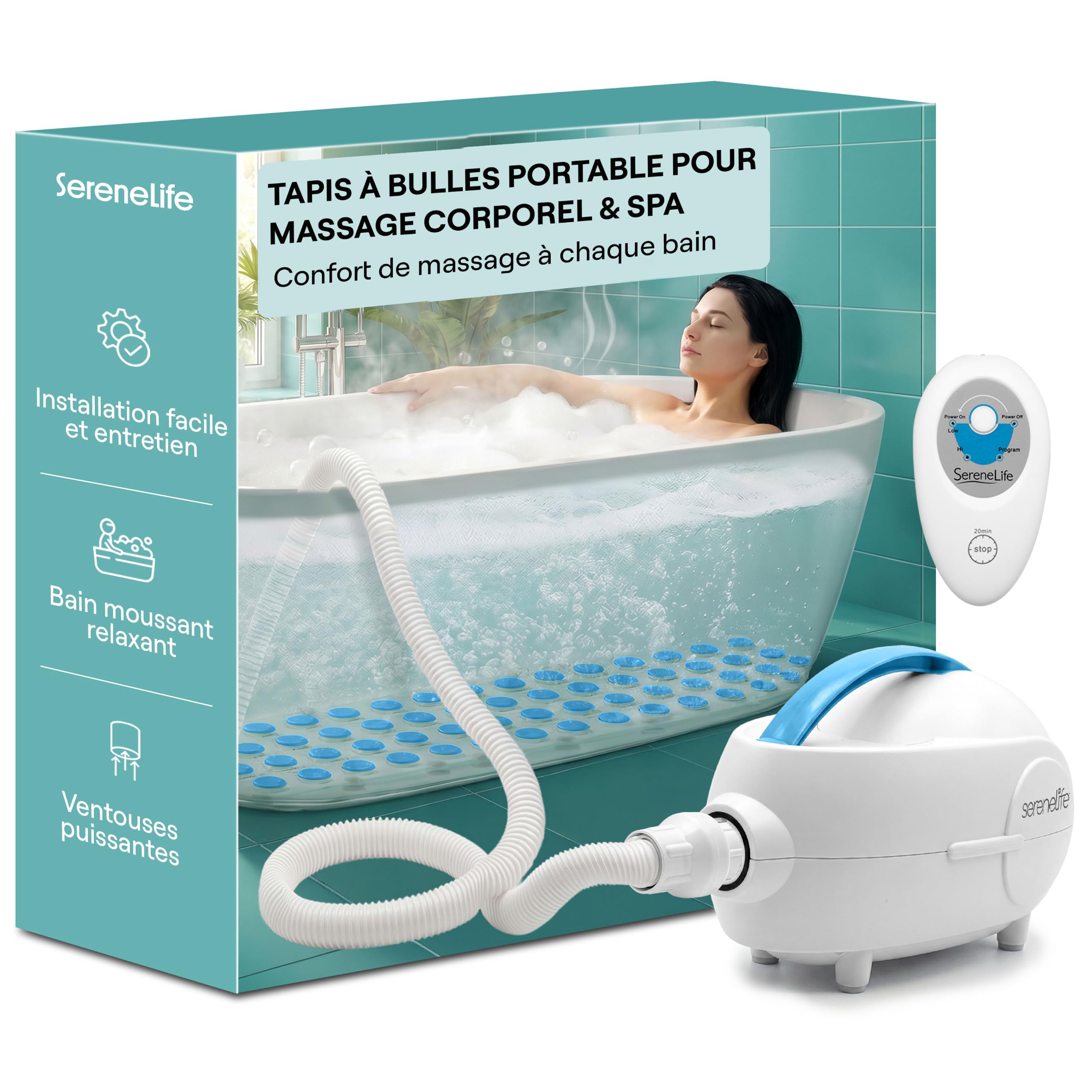 SereneLife Tapis de Bain à Bulles, Tapis pour Baignoire avec Massage à Air et Télécommande, Imperméable, Antidérapant, Intensité des Bulles Ajustable, Diffuseur de Parfums