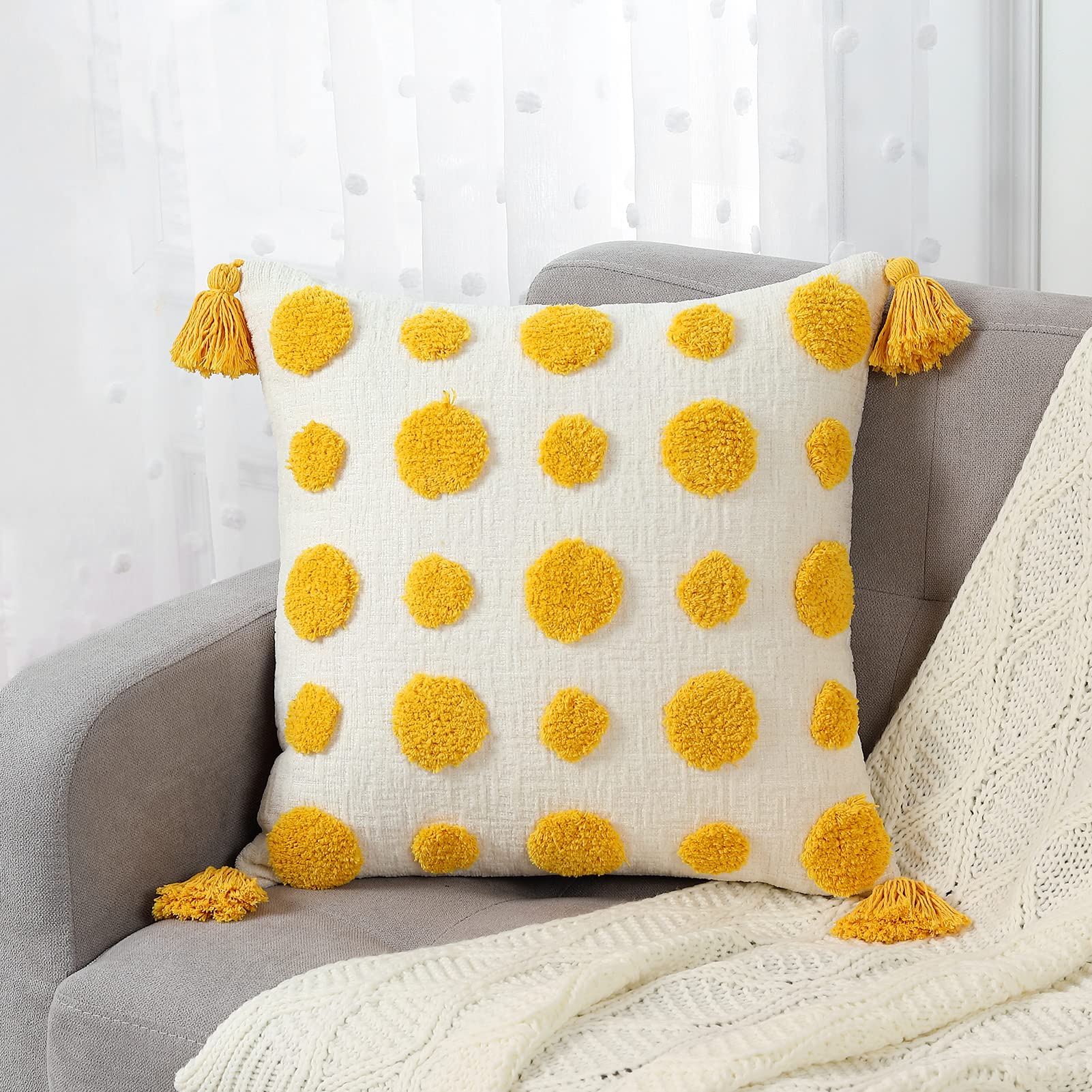 MingBo Boho Yellow Throw Pillow Cover 18x18 Inch, Pom Pom and Tassels Tufted Decorative Cushion Case Pillow Covers for Couch, 1 PC