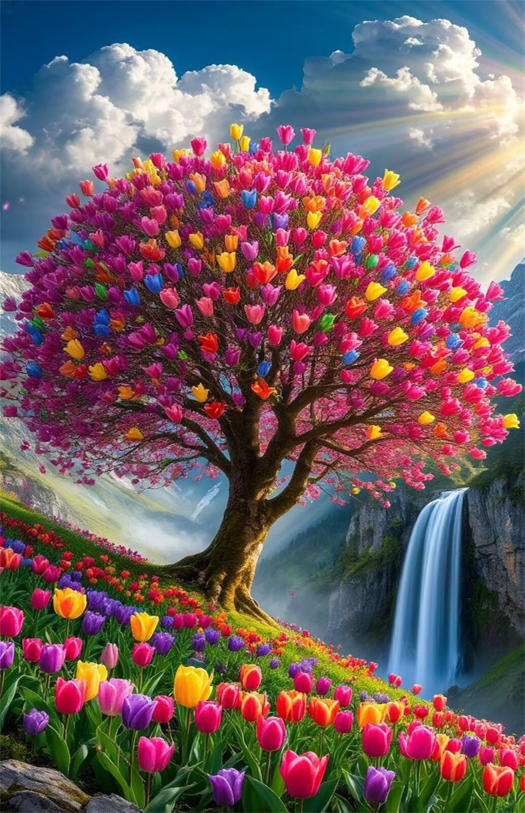 Blumenbaum Wasserfall Jigsaw Puzzle 2000 Teile für Erwachsene - Kniffliges Kunstmotive Denkspiel, Beruhigendes Hobby & Elegante Raumdeko (100x70 cm)