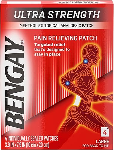 Bengay Parche ultra fuerte para aliviar el dolor muscular, dolor, grande, 3.9 x 7.9 pulgadas, 4 unidades