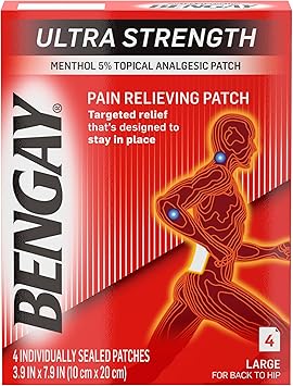 Ultra Strength Bengay Pain Relief Patches, Large Topical Analgesic Menthol Patches for Muscle & Joint Pain Due to Backaches, Minor Arthritis, Sprains, & Strains, 3.9 x 7.9 inches, 4 Count