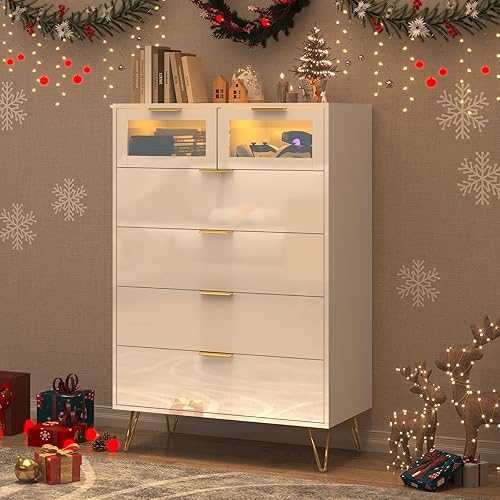 Miniatura 4 de Cómoda de 6 cajones con luz LED, cómoda negra alta LED, cómoda moderna y cómoda con asas de metal para dormitorio, entrada, pasillo