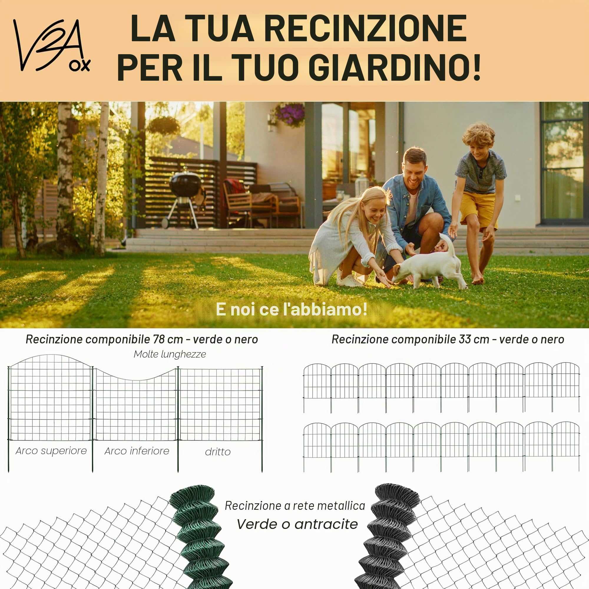 Recinzione da giardino, per laghetto, 12 elementi di recinzione, in metallo, altezza 78 cm, arco superiore, nero, V2Aox6 x 6 cm