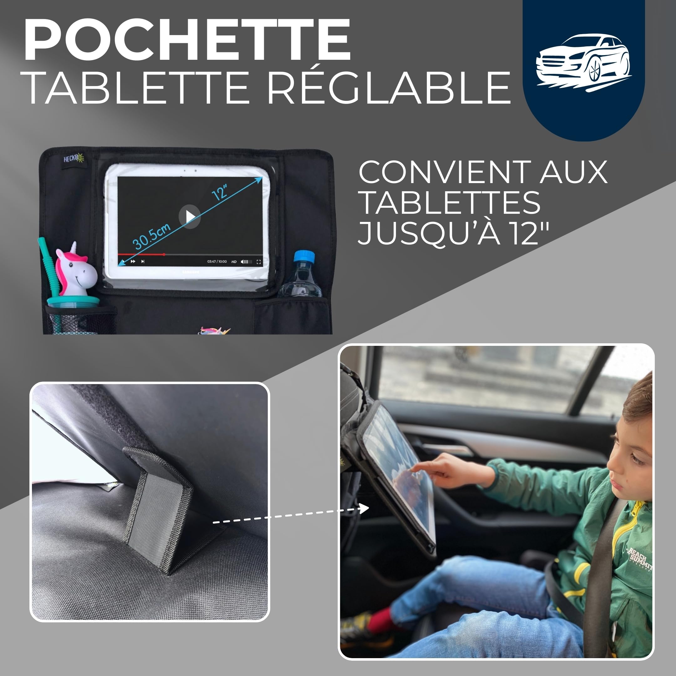 HECKBO 1x Organisateur protection dossier siège auto enfant avec pochette tablette réglable, rangement pour accessoires – Licorne – 70x45 cm – incl. porte-gobelet + filet de rangement