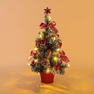 Mrinb 45CM Small Christmas Tree with Lights,Mini Desktop Decoration Tree with Star Tree Topper, Balls, Bows, Pine Cones for Home Office Shopping Bar Christmas Decorations(Red)