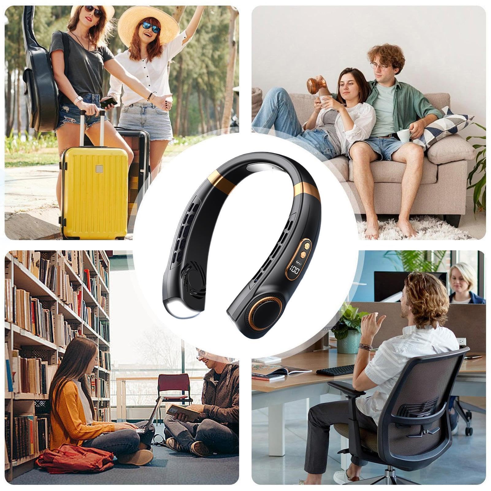 Générique Halsventilator, wiederaufladbar, leise, wiederaufladbar, 5 Geschwindigkeitsstufen, tragbar, LED, 7 Farben, mit Display – für Sommer, Reisen, Camping, , Outdoor, Küche, Schlafsaal