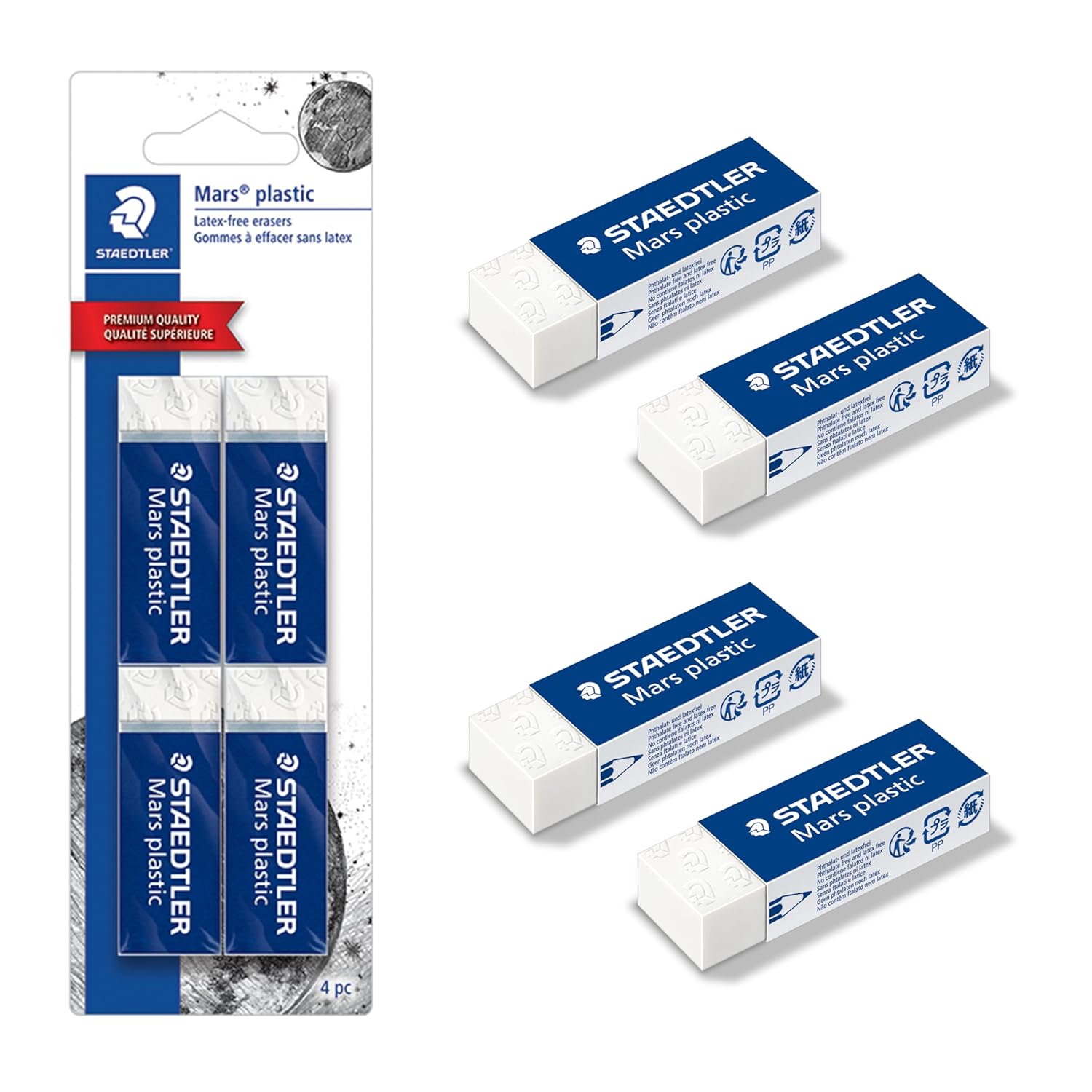 em STAEDTLER Mars Plastic Vinyl Erasers (4-Pack), White Erasers for Clean & Precise Results - Latex-Free, Minimal Crumbling, Made in Peru