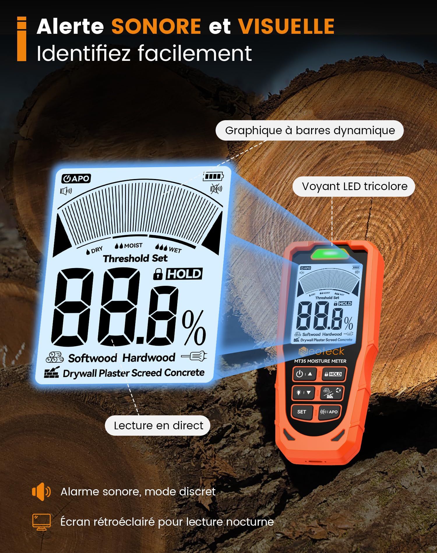 Neoteck Humidimètre 2-en-1 Sans-Pointe & à Sonde – Détecteur d’Humidité Mur & Bois, Écran LCD Couleur, Alerte Sonore/Visuelle, Mesure Placo, Béton, Plâtre, Screed pour Diagnostic Maison