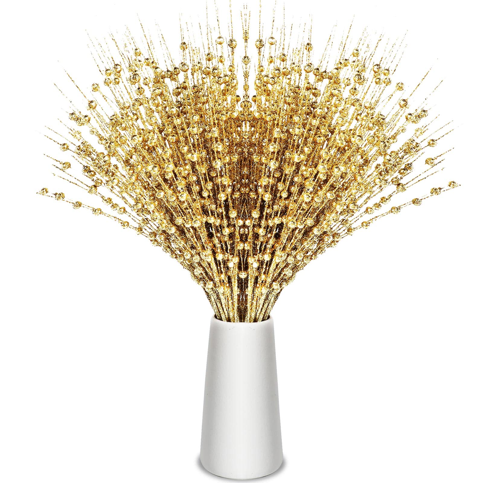Geosar 30 decorazioni artificiali glitterate a forma di bacca, 43 cm, bastoncini finti floreali, centrotavola, ramoscelli di perline per centrotavola, ghirlande di alberi, ornamenti per la casa (oro)