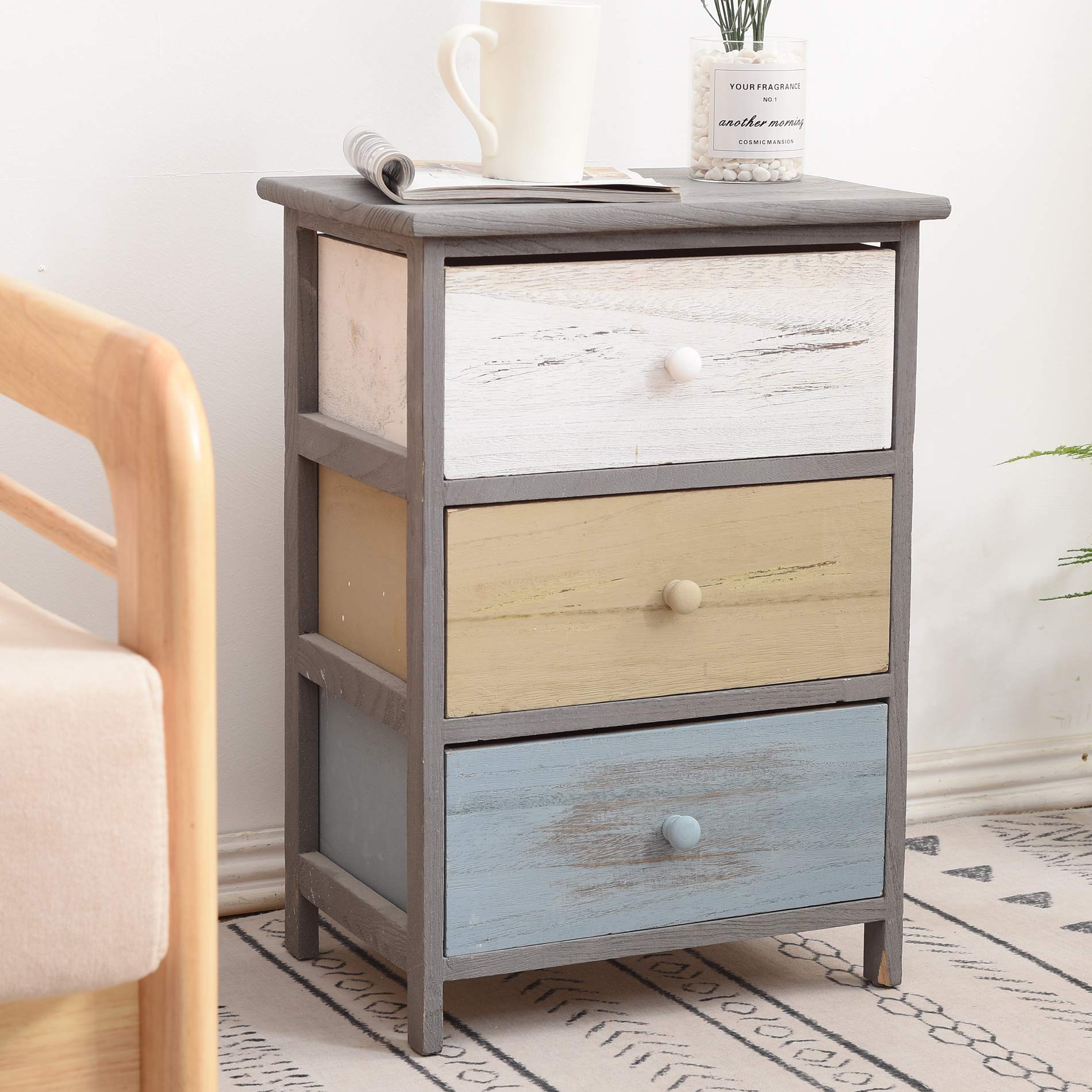 Rebecca Mobili Comodino vintage, cassettiera con 3 cassetti, legno paulownia, grigio beige blu, camera salotto - Misure: 56 x 40 x 29 cm (HxLxP) - Art. RE4883