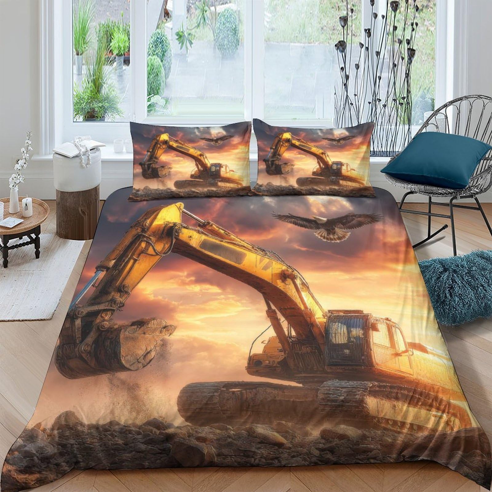 Ctjqhvkz Style-3 3D Printed Construction Excavator Fitted Sheet Microfiber Machine Bed Cover Anti-Slip Easy Care For Bedroom Dorm Decor Single（135X200cm）