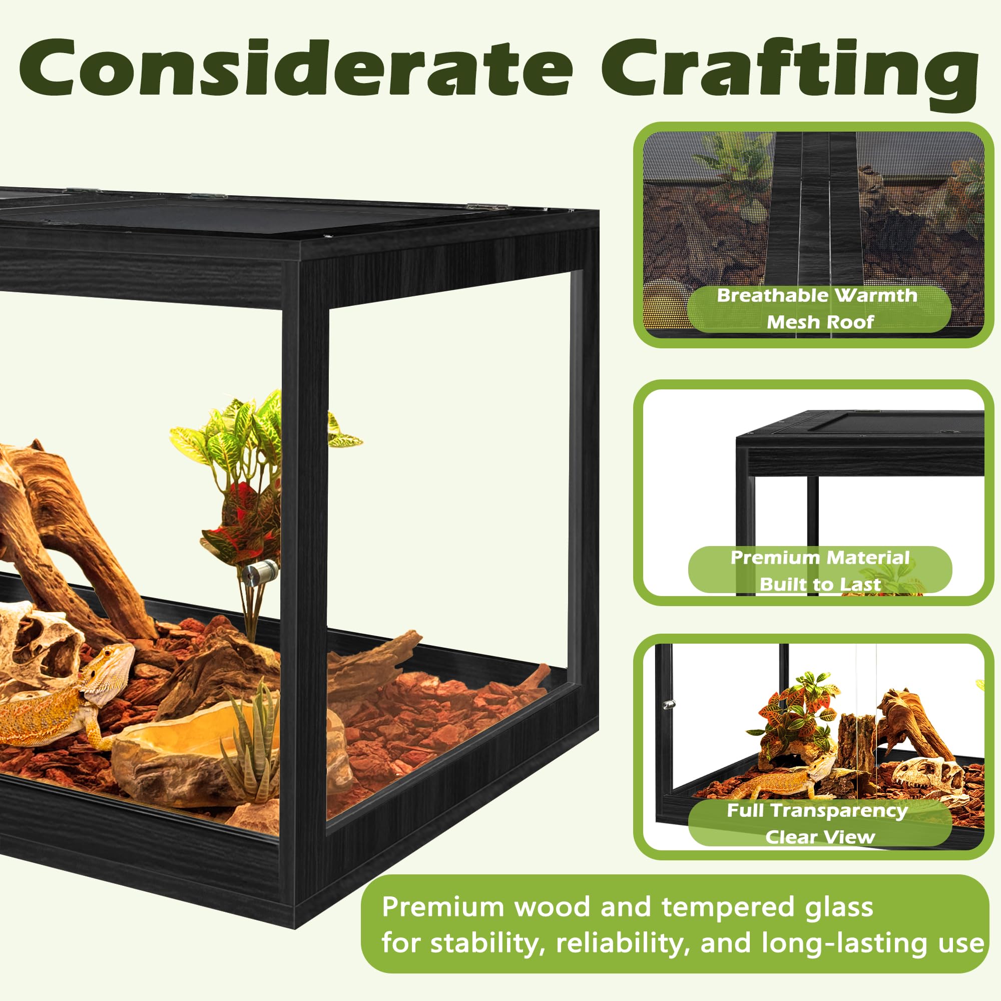 PROLEE Tanque de dragón barbudo de 35 galones, 32 x 16 x 16 pulgadas, recinto para reptiles de vidrio templado con parte superior de malla de metal, puertas delanteras corredizas con cerradura