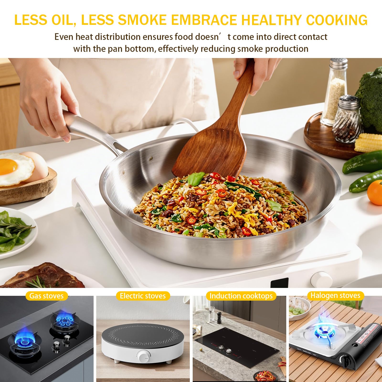 Sartén Acero Inoxidable 30cm con Tapa,Triple Capa,Mango Frío Ergonómico | Inducción, Sin Antiadherente Sin Tóxicos,Horno 400°C