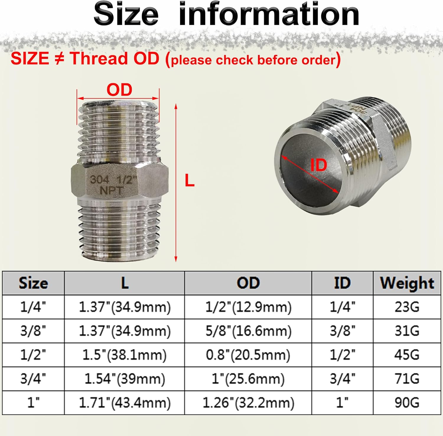 1/2" NPT Male Hex Nipple Pipe Fittings, 304 Stainless Steel 1/2 inch Threaded Pipe Adapter Fittings Equal Nipples Connectors, 4pcs Male Straight Connector Pipe Fitting