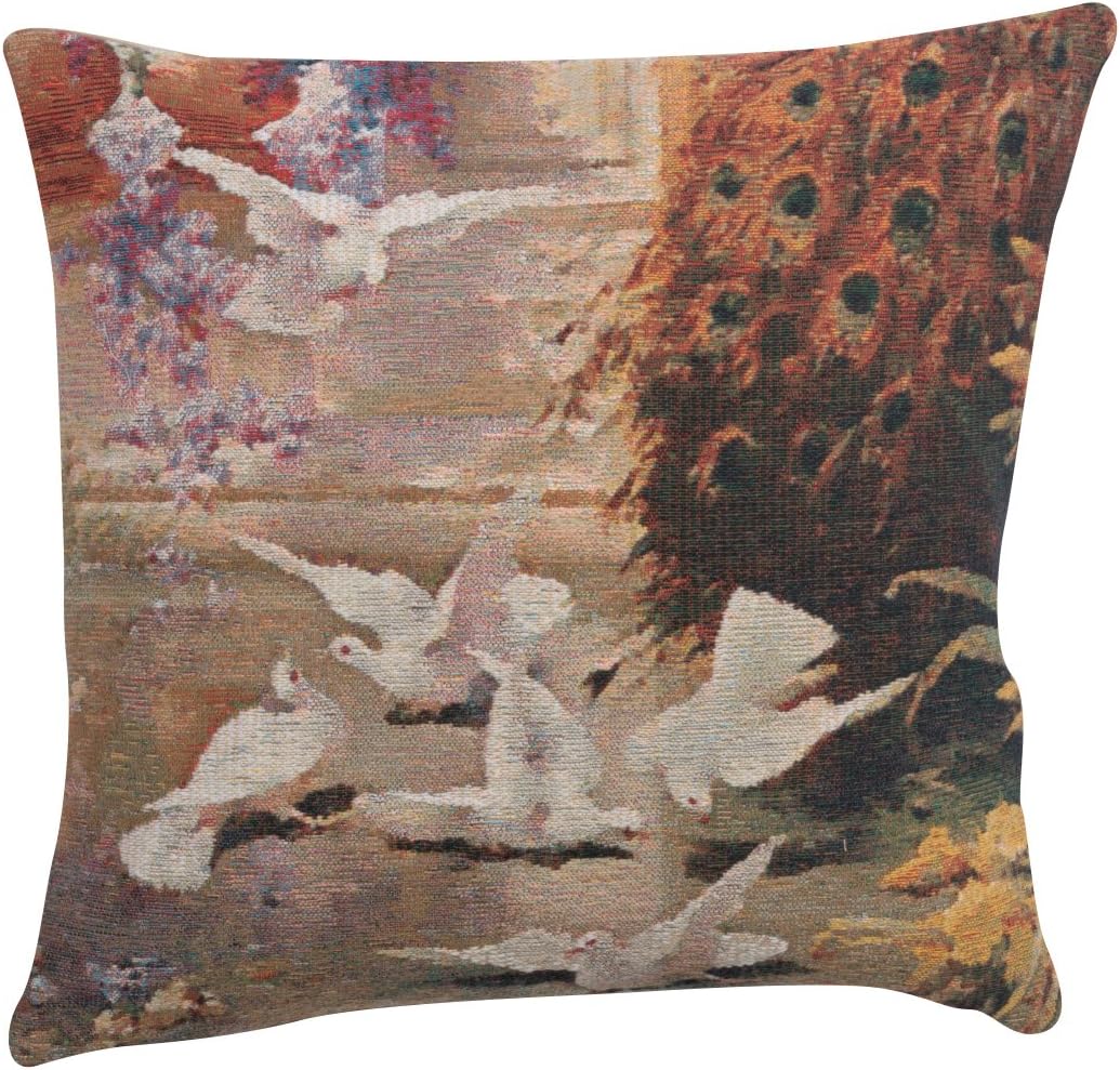 C Charlotte Home Furnishings Inc Peacock & Doves Square Throw Pillow Cover - 17 X 17 Decorative Boho Cushion Case for European Cotton Room Decor Jacquard Belgian Woven Cushion for Living Room