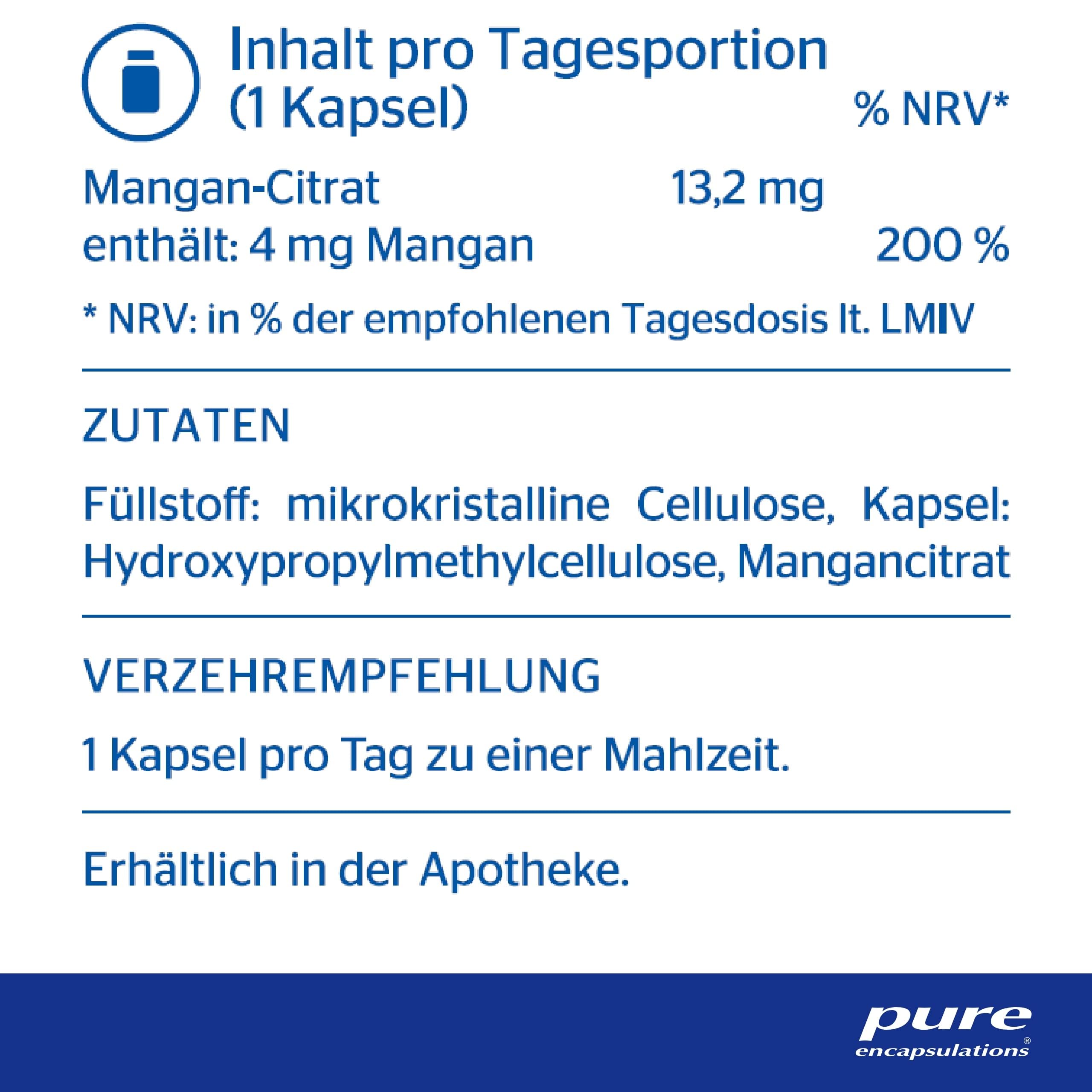 Pure Encapsulations - Mangan (Mangancitrat) - Nahrungsergänzungsmittel zur Unterstützung für Bindegewebe und Stoffwechsel - 60 Kapseln