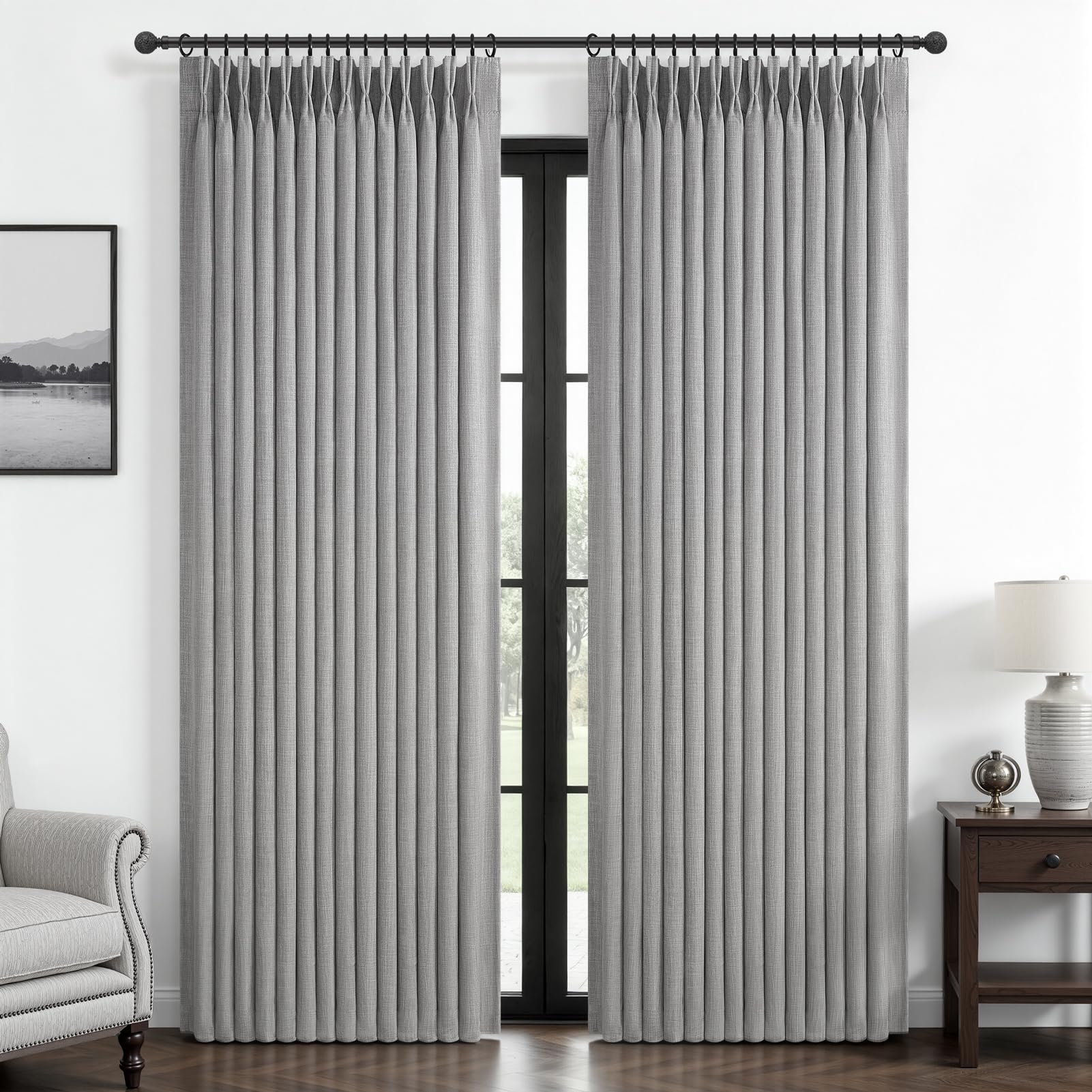 Memory Shape Pinch Pleated Blackout 86 Inch Room Divider Curtains 2 Panels Set, Light Grey Thick Natural Linen Two Layer Insulated Curtain Sound Dampening Privacy Neutral Windows Drapes with Back Tab