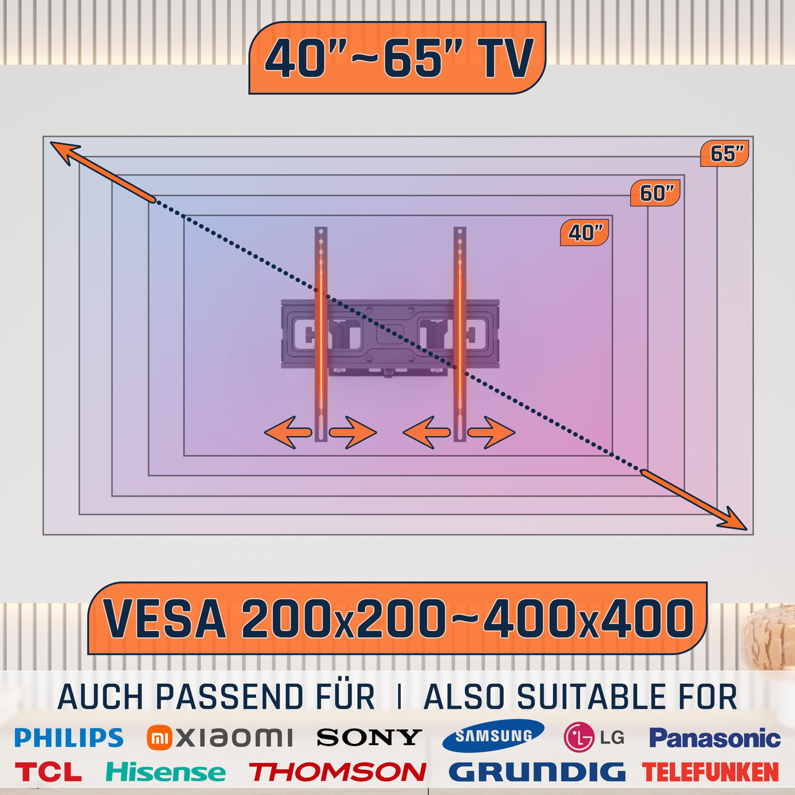 RICOO S6144 Supporto TV da parete Staffa TV 32-65 pollici per 32 40 42 43 49 50 55 60 65 pollici girevole inclinabile fino a 50 kg max VESA 400x400
