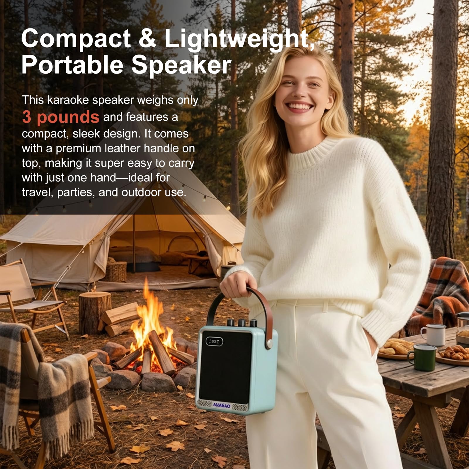 Karaoke-Anlage mit 2 drahtlosen Mikrofonen, tragbarer Bluetooth-Lautsprecher mit Mikrofon, kompakter Party-Lautsprecher mit LED-Beleuchtung, 30 W Leistung, 5400 mAh, für zu Hause und im Freien